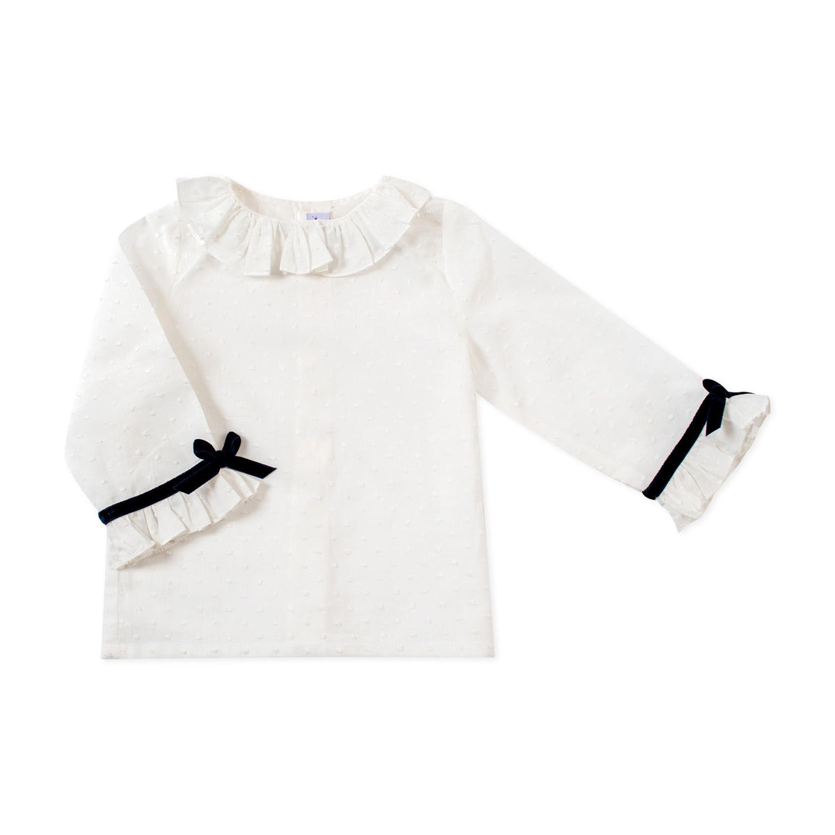Estelle, Girl blouse, in Off white plumetis / navy velvet