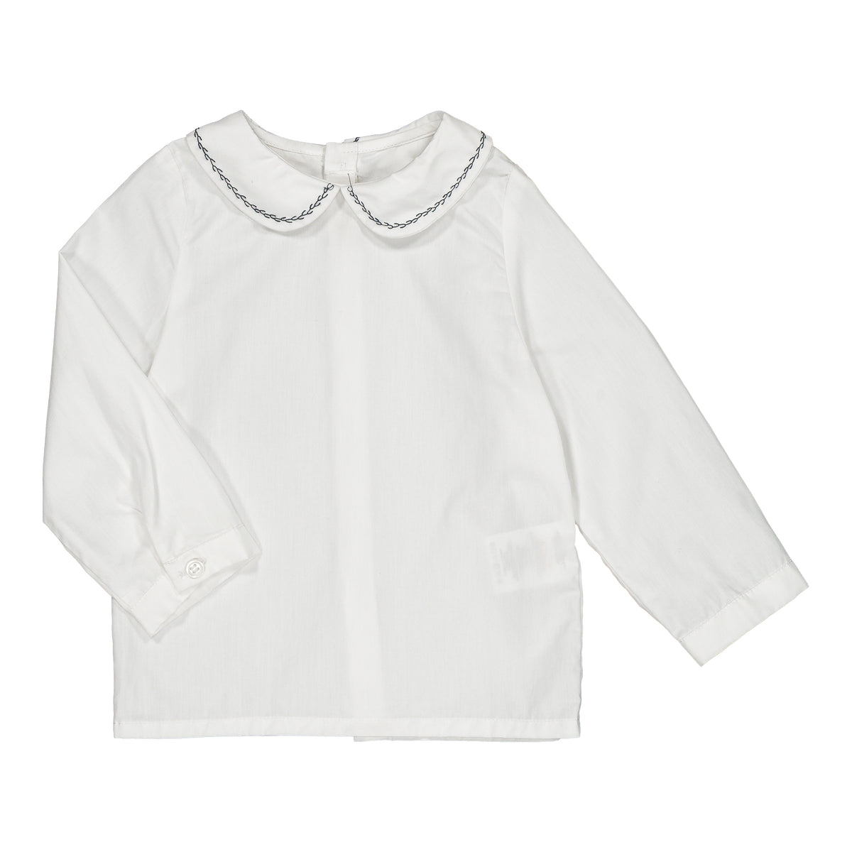 Harry, boy blouse, in white poplin with navy embroidery