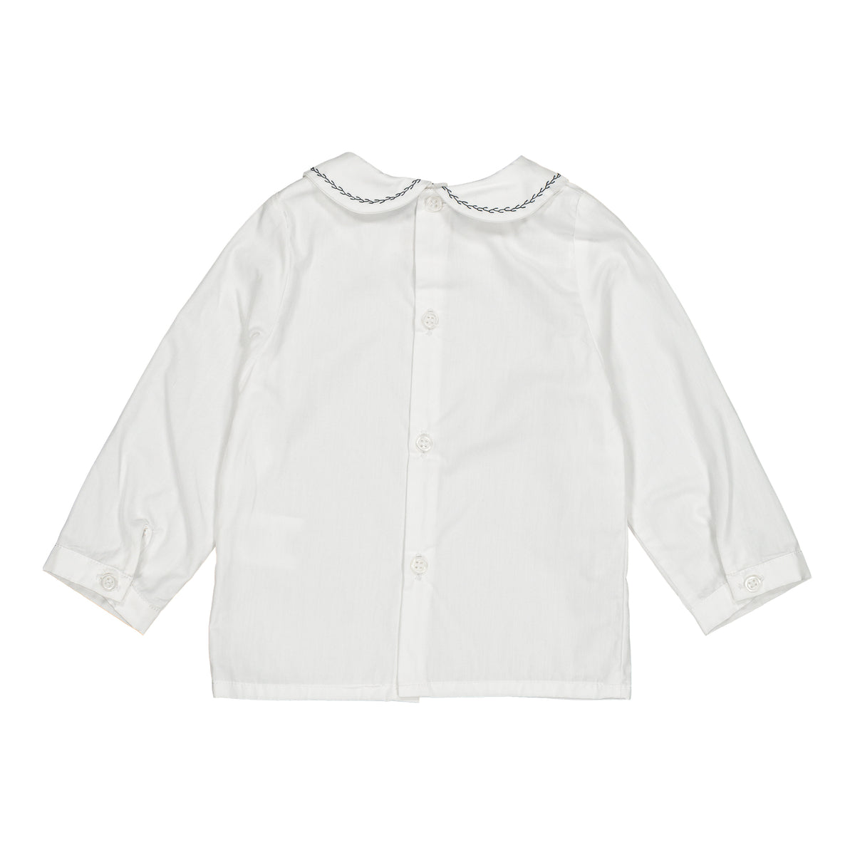 Harry, boy blouse, in white poplin with navy embroidery