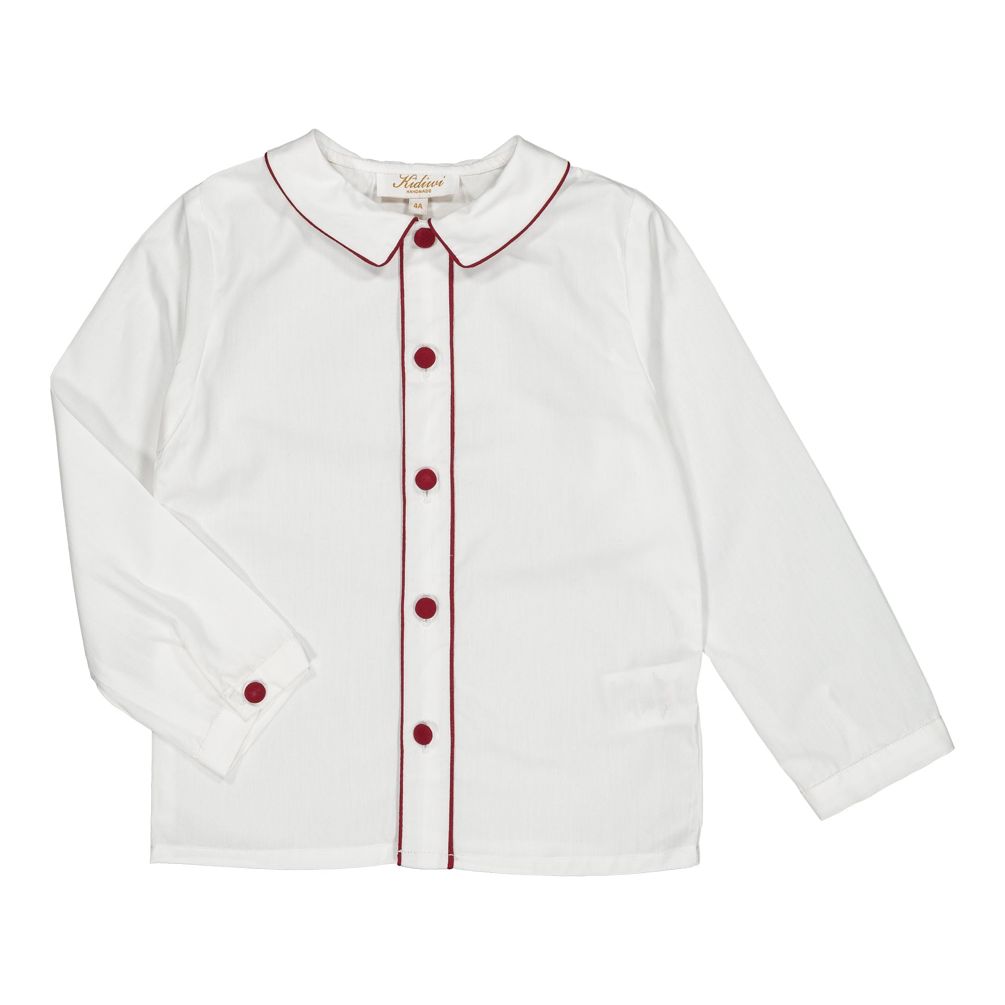 Noa, boy shirt, in white poplin with burgundy piping