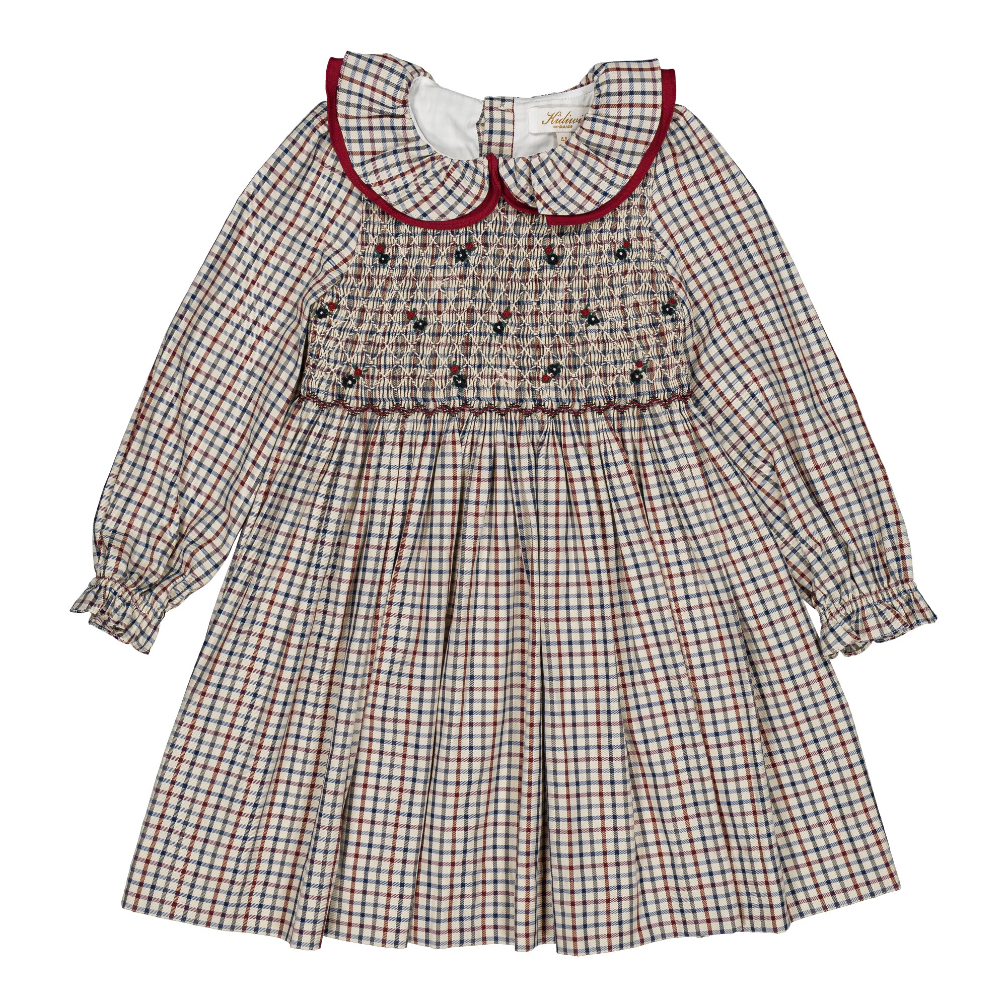 Joséphine, smocked girl dress, in Off-white, navy blue and burgundy red checks