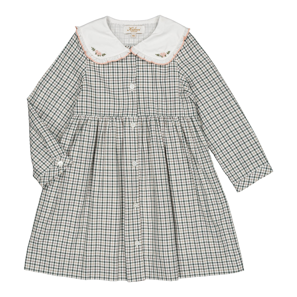 Vanille, girl dress, in Forest green checks