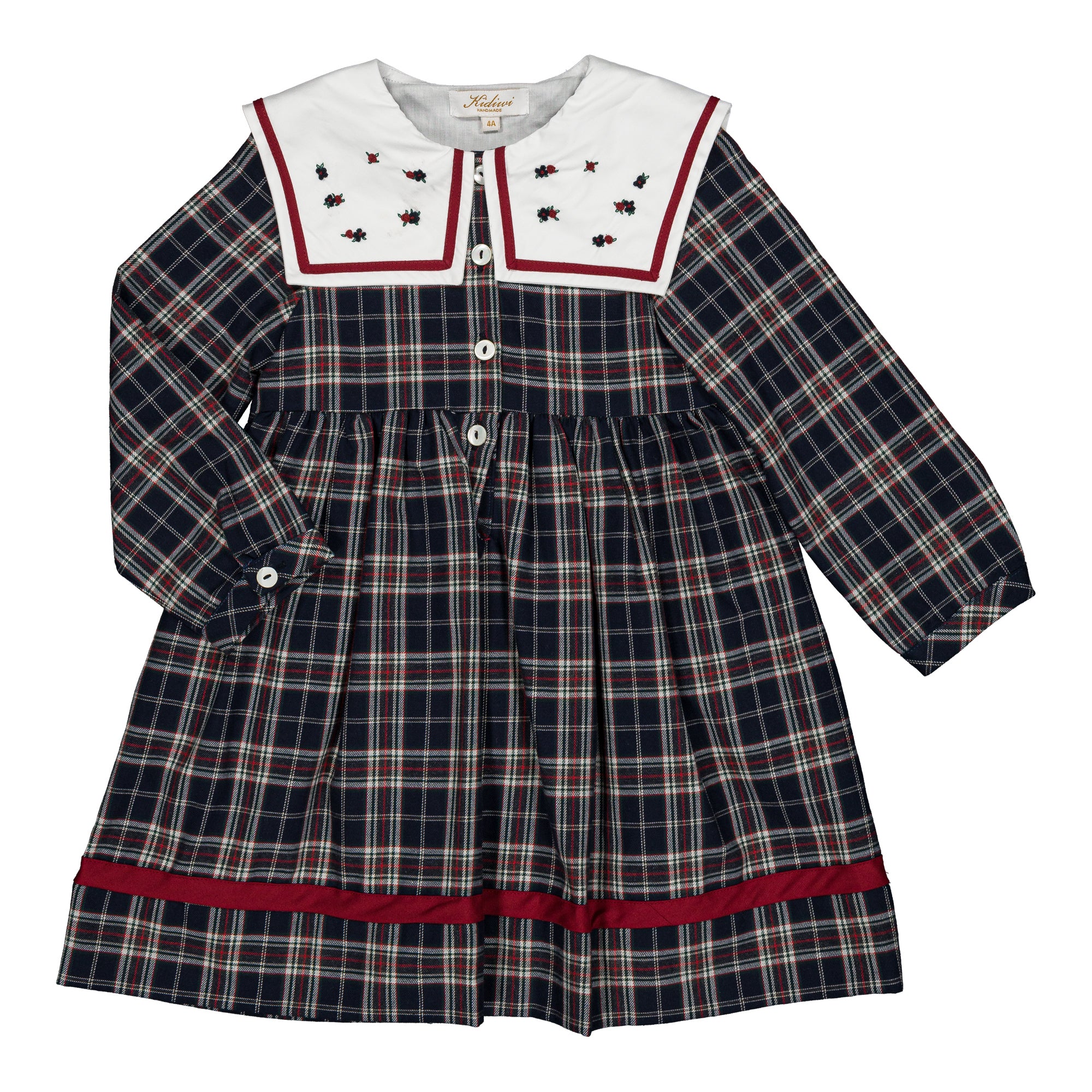 Paola, girl dress, in navy blue and red burgundy tartan