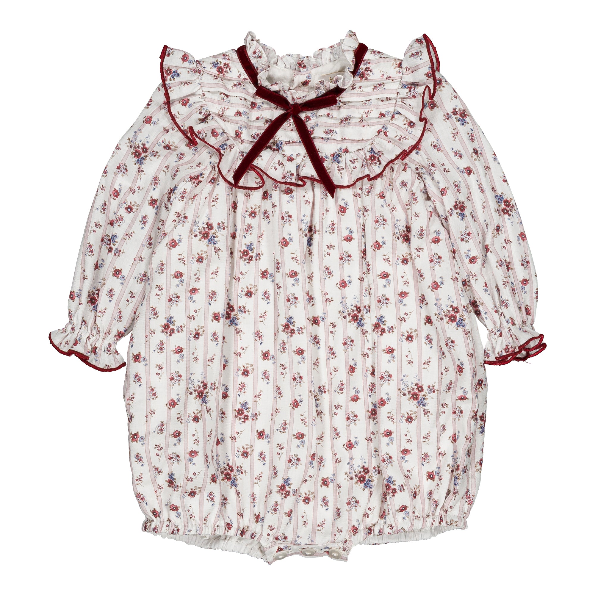 Horsia, girl romper, in Burgundy red floral print with stripes
