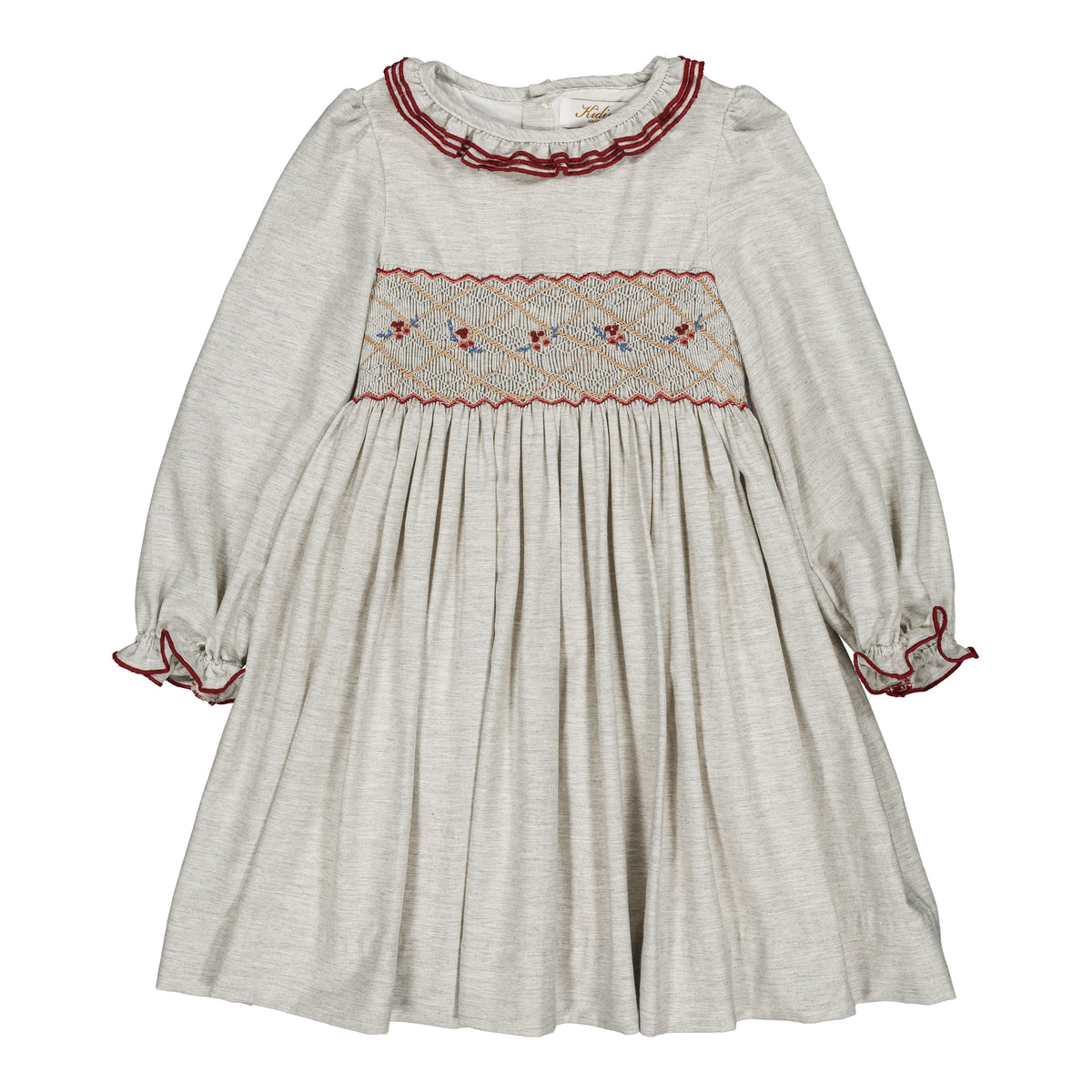 Hars ML, smocked girl dress, in Grey melange organic cotton twill