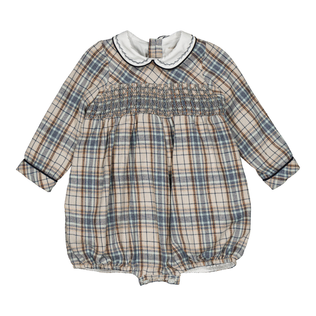 Jeannot, smocked boy romper, in Blue-grey tartan
