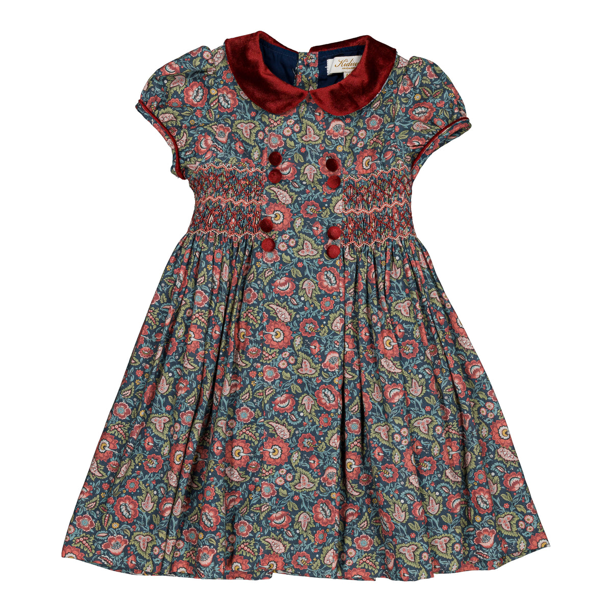 Rison, smocked girl dress, in Red and navy floral Paisley print