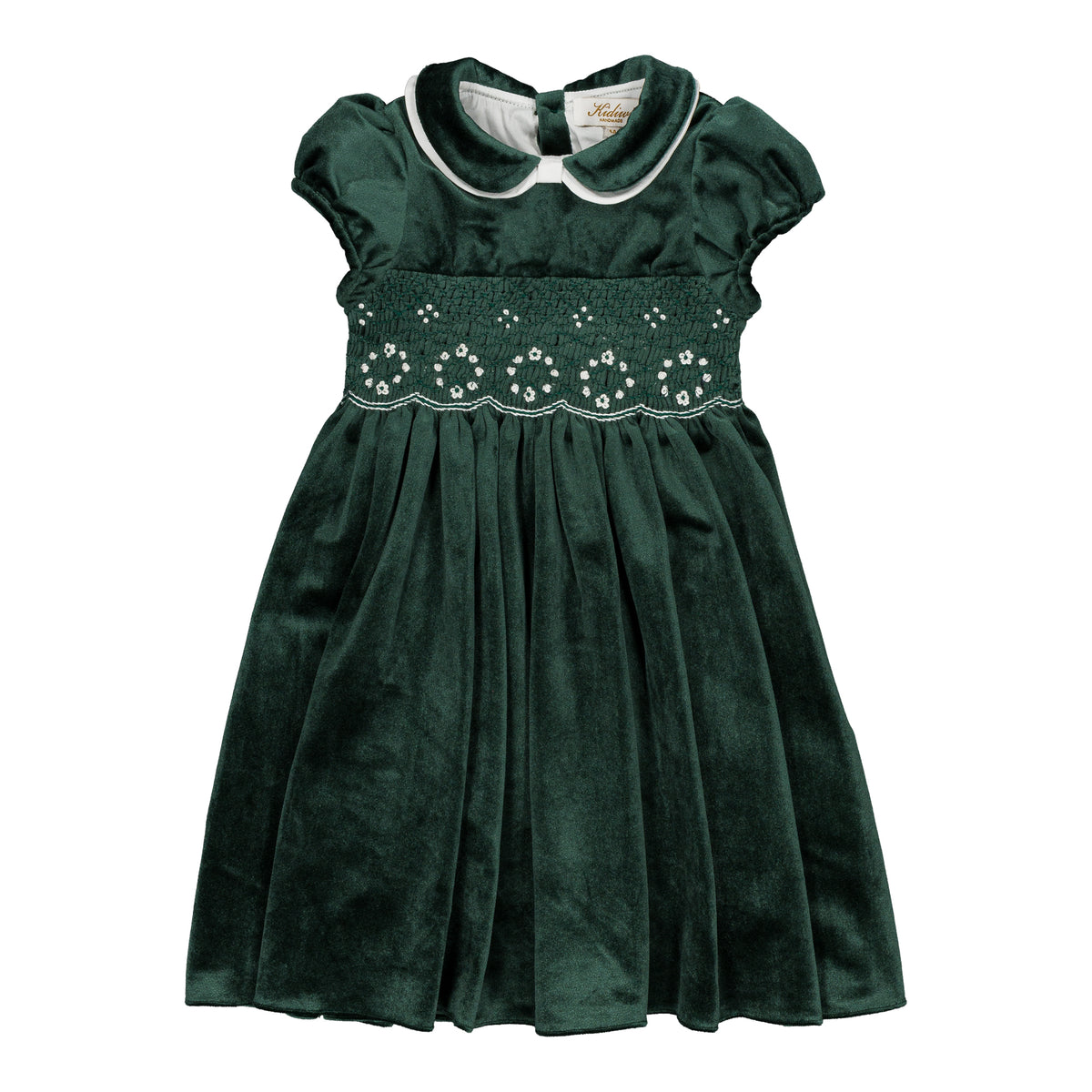 Mathilde, smocked girl dress, in Emerald green velvet