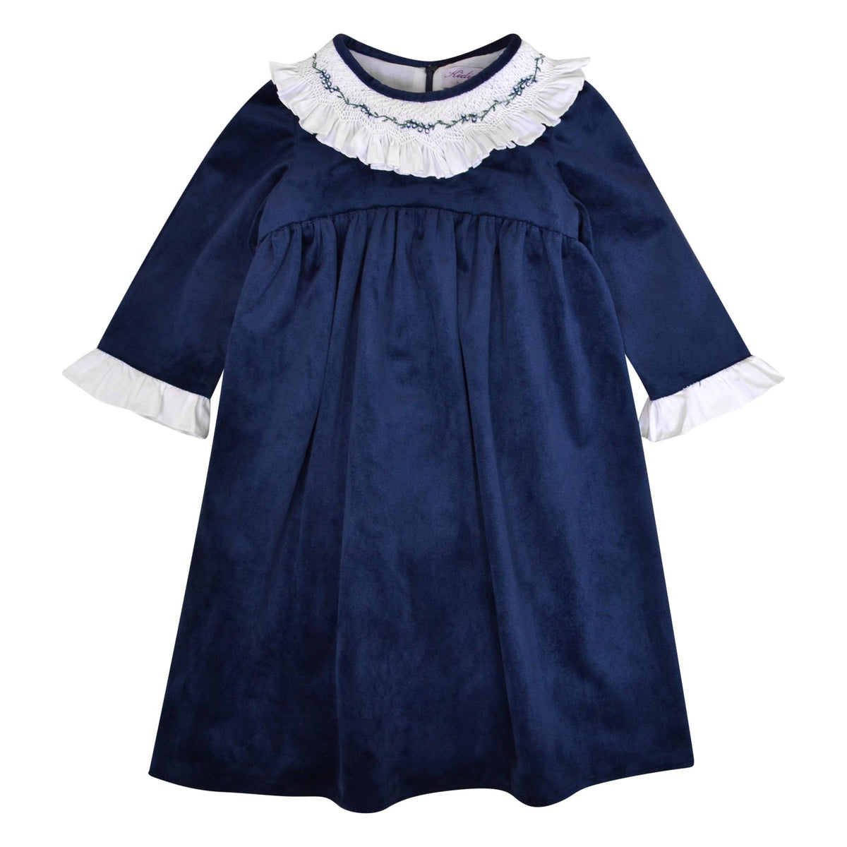 Swann, Dress smocked and embroidered ruffle collar, rounded waist cutout, zipped back opening, in Navy velvet