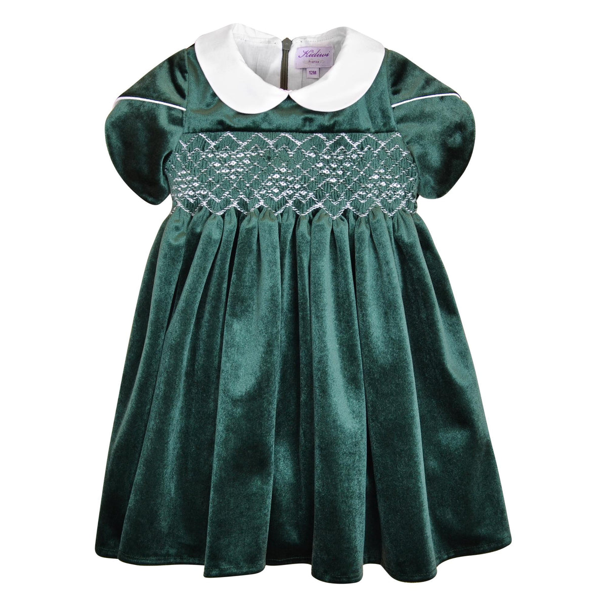 Clémence, Dress with short petal sleeves, peter pan collar, smocked waist, zipped back opening, in Emerald green velvet