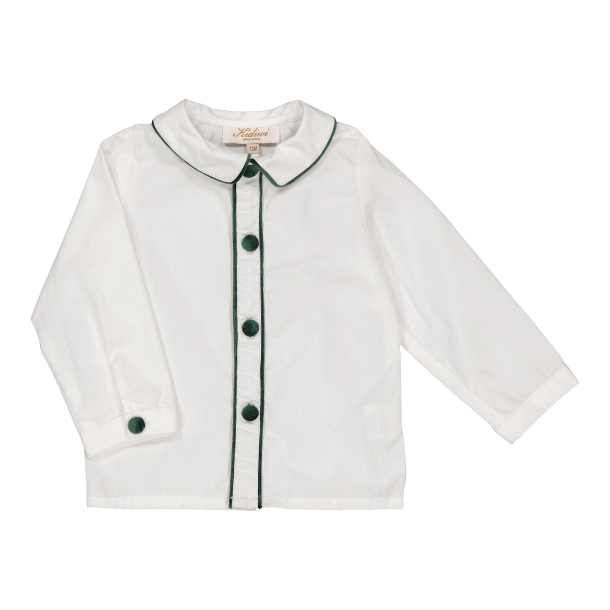 Noa, Boy shirt, in White poplin / Green velvet piping