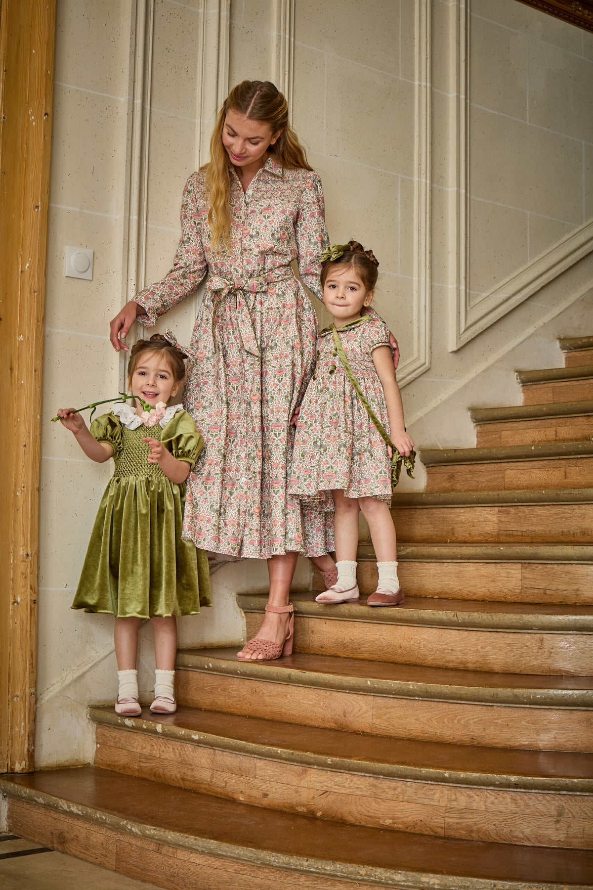 Joséphine, smocked dress, in Olive velvet