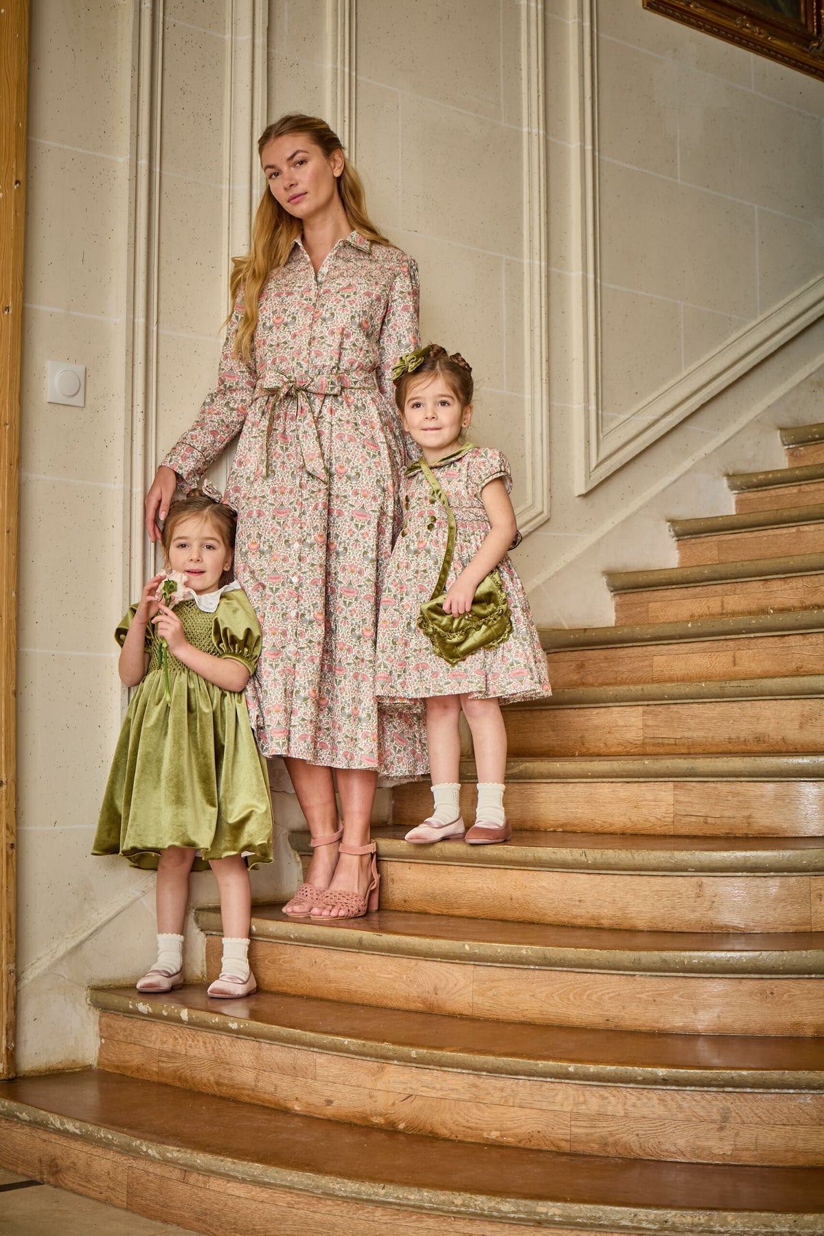 Rison, smocked dress, in Pink baroque flower print with Olive velvet collar