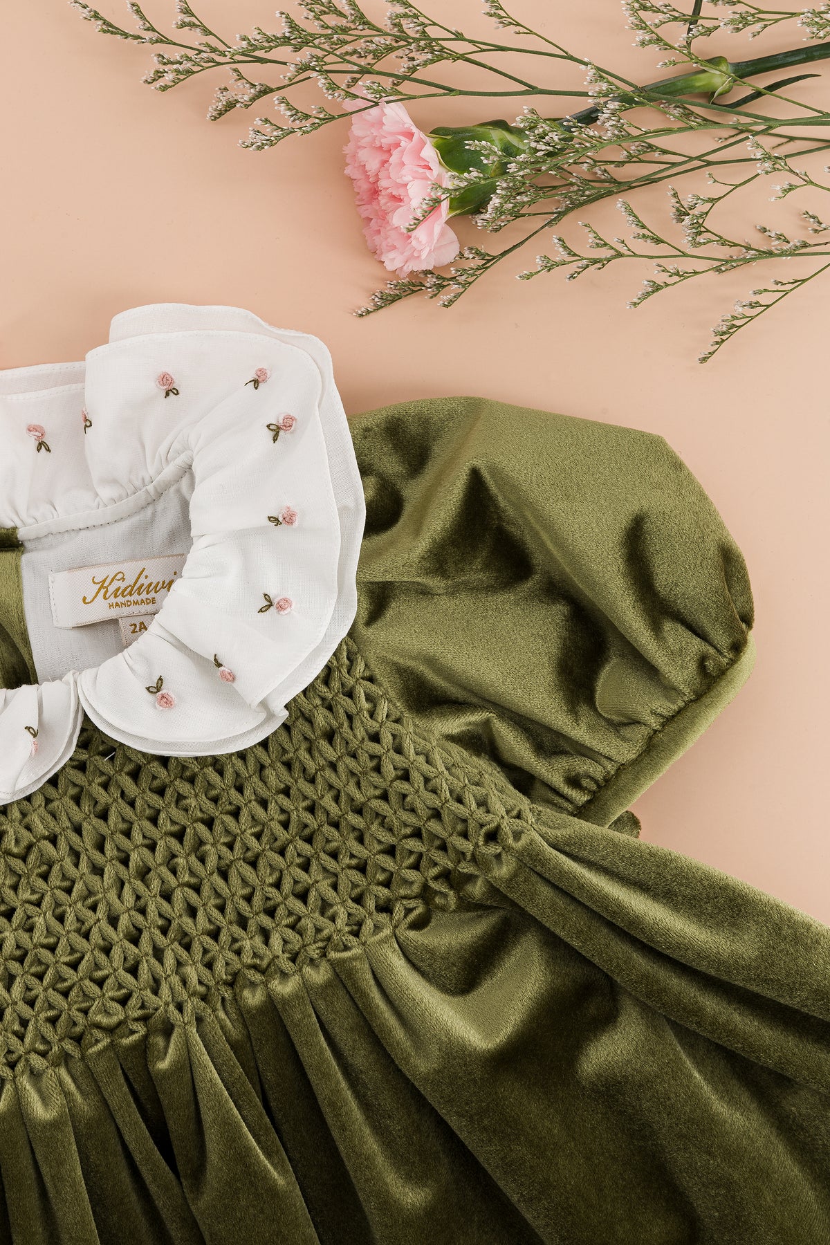 Joséphine, smocked dress, in Olive velvet