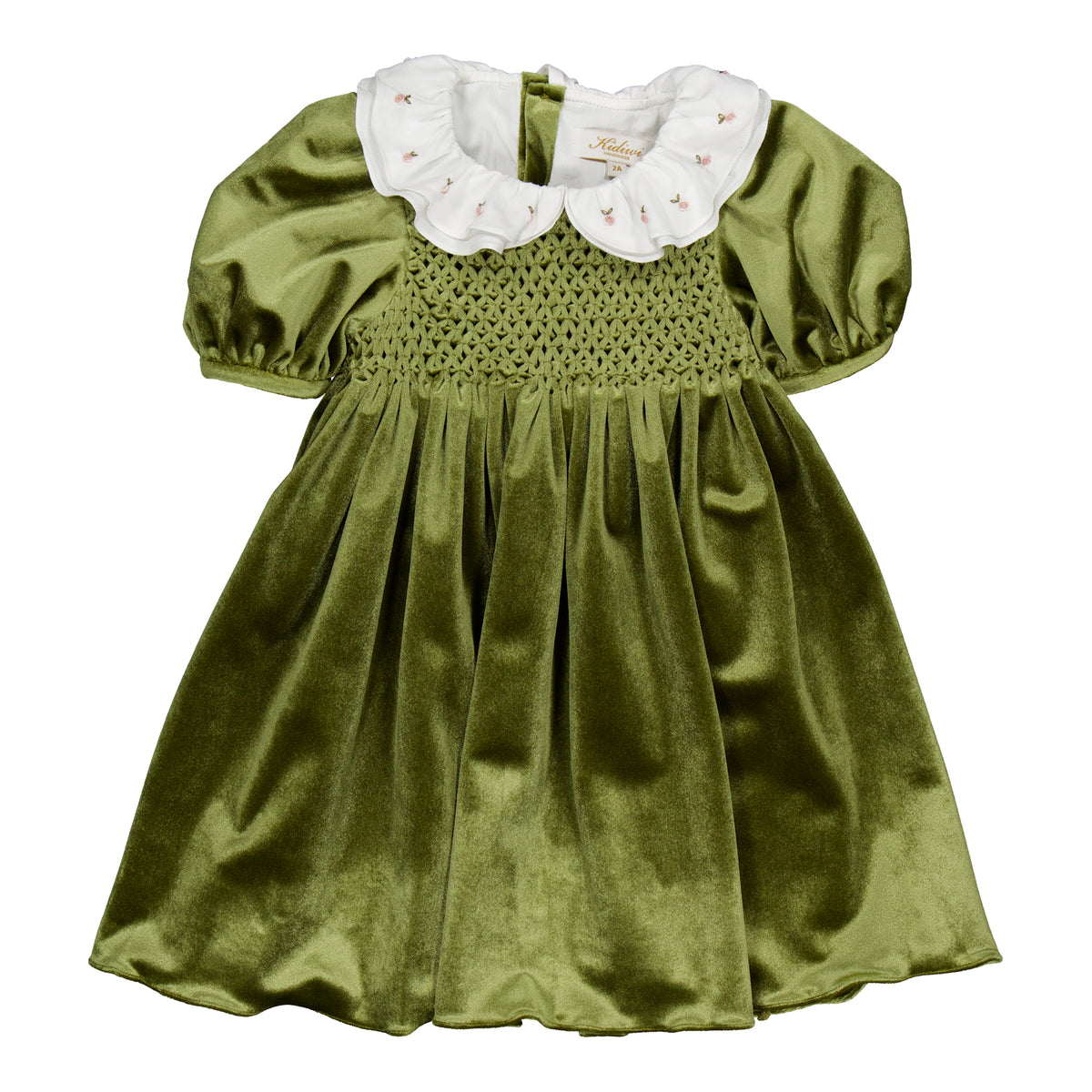 Joséphine, smocked dress, in Olive velvet