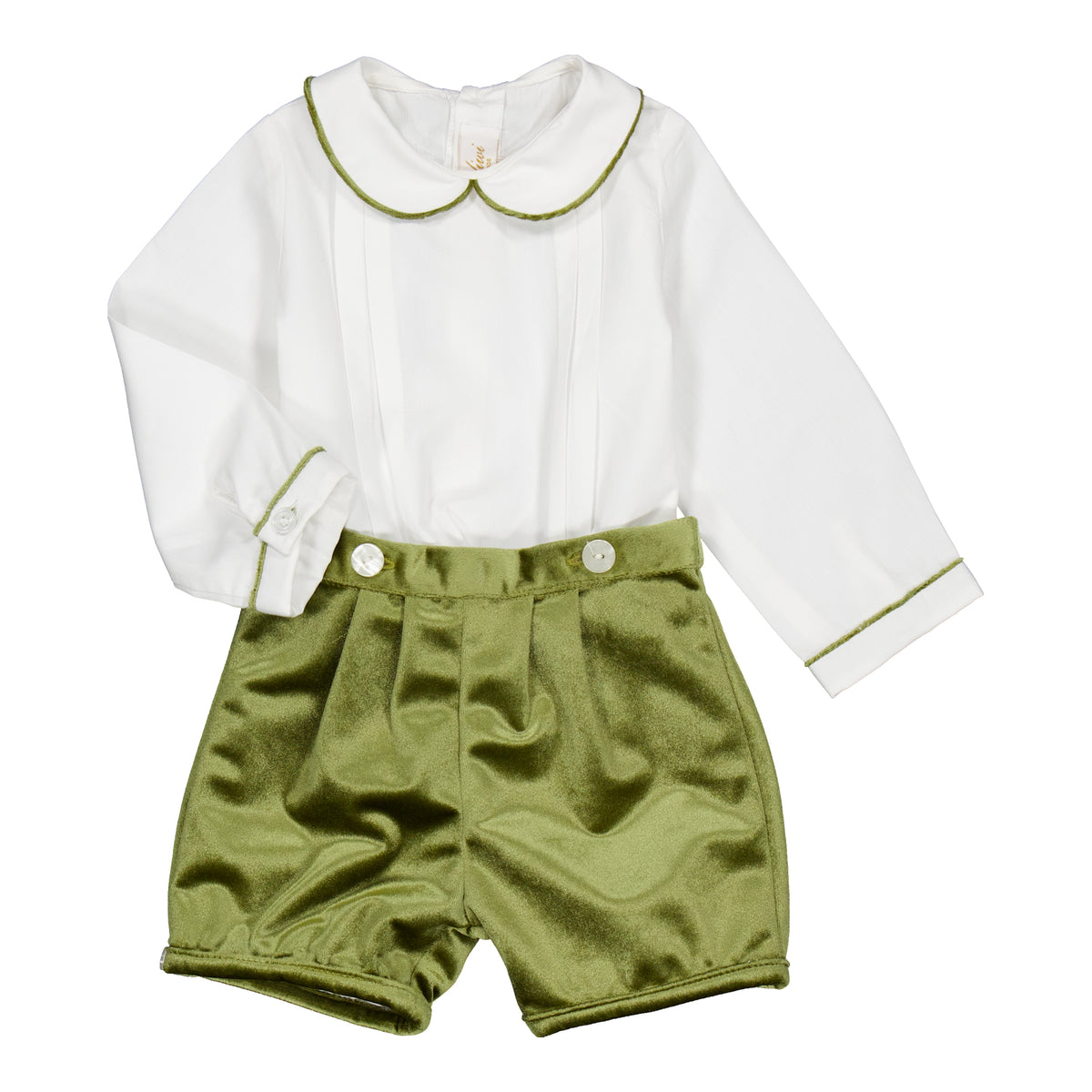 Barnabé, baby boy set, with white poplin shirt and Olive velvet shorts