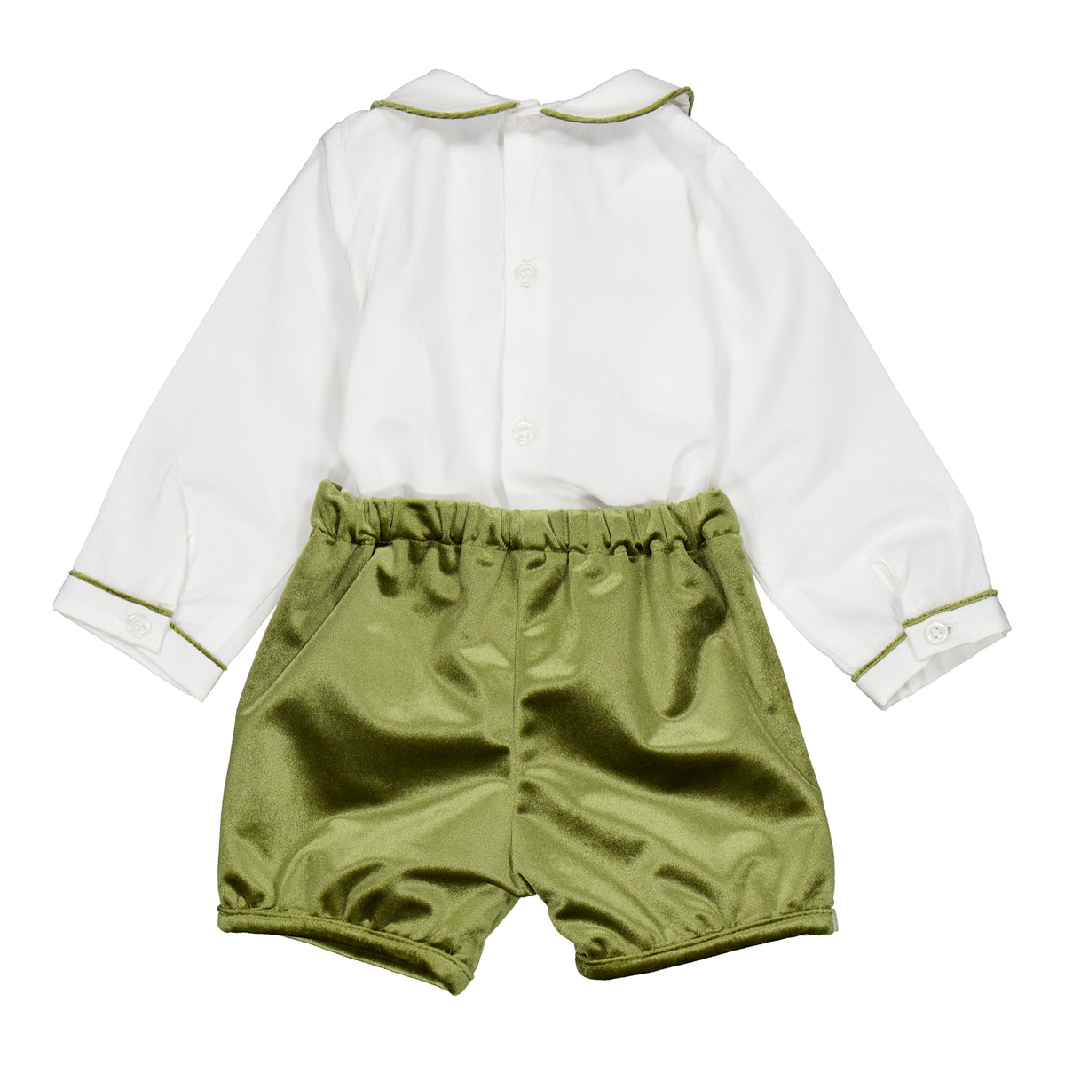 Barnabé, baby boy set, with white poplin shirt and Olive velvet shorts