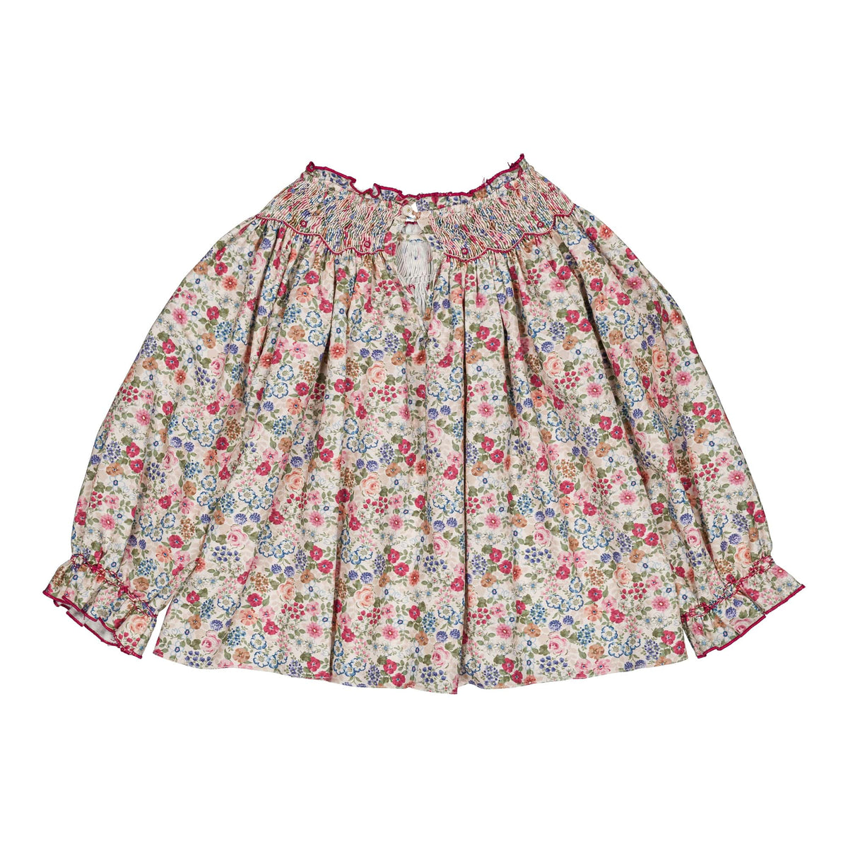 Maëline, smocked girl blouse, in Pink and raspberry floral print