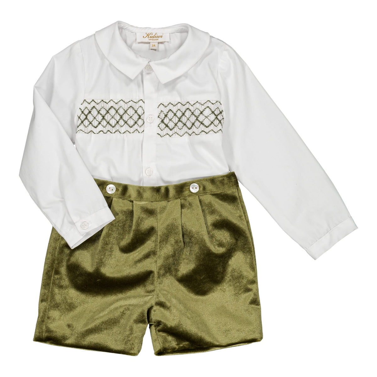 Benoît, smocked boy set, in White poplin & Olive velvet