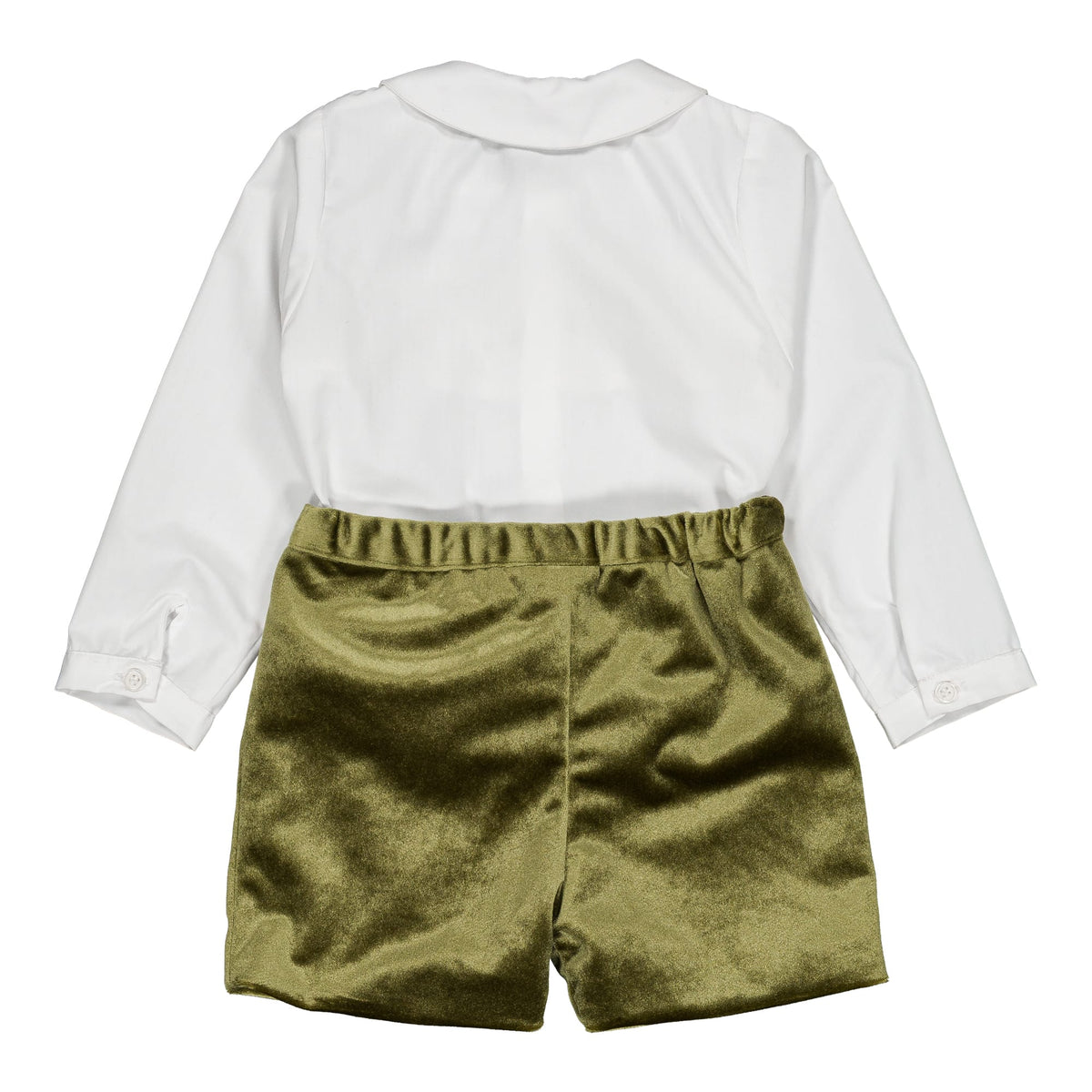 Benoît, smocked boy set, in White poplin & Olive velvet