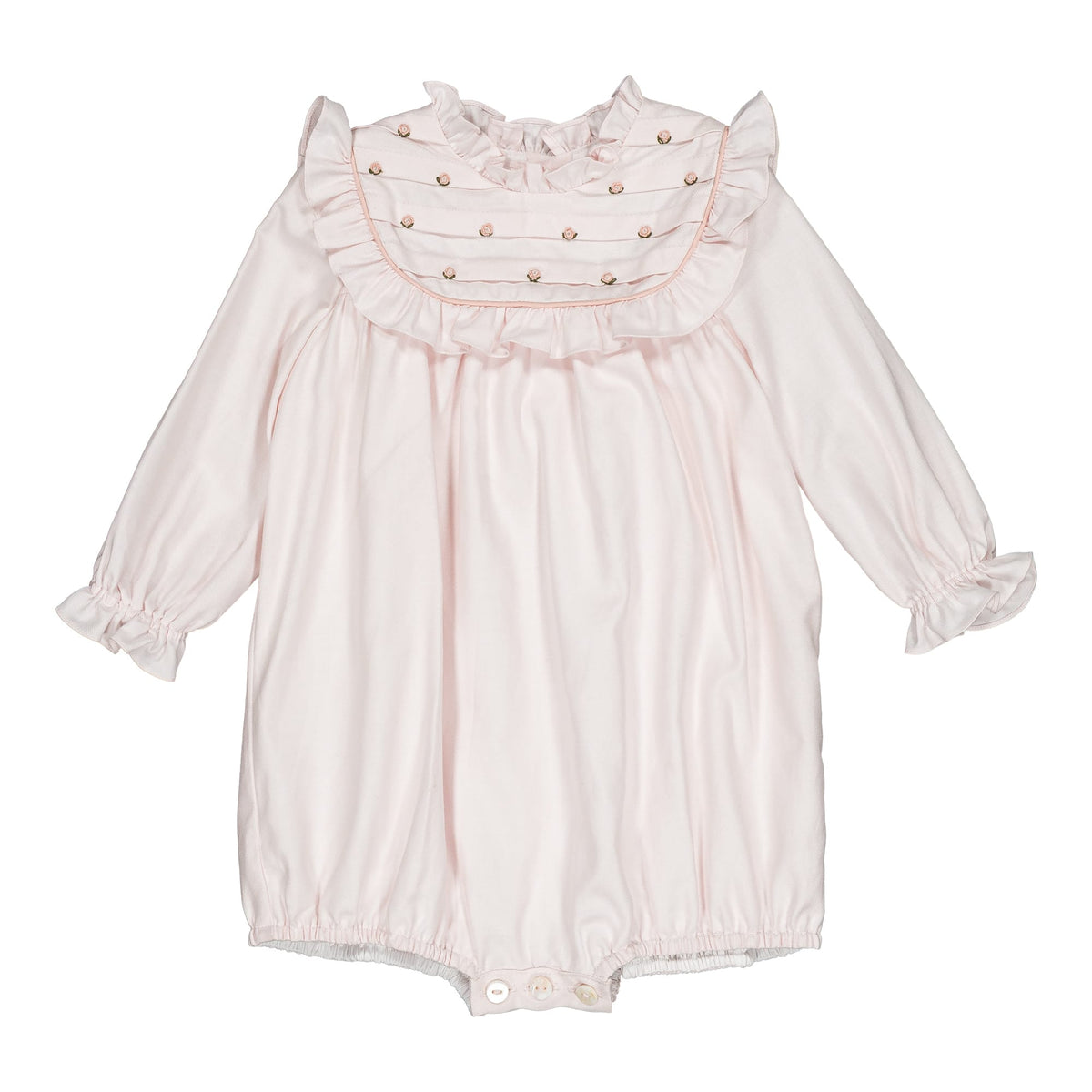 Horsia, embroidered girl romper, in Pale pink organic cotton twill