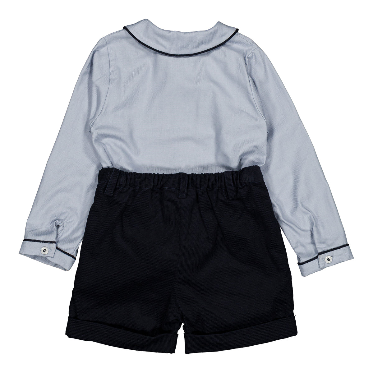 Benoît, smocked boy set, in Artic blue organic cotton twill & Navy corduroy