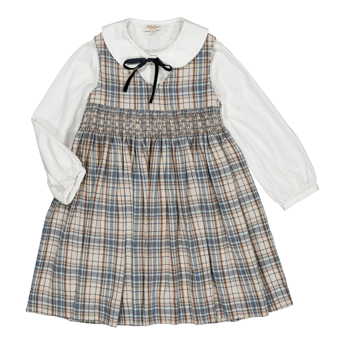 Carmelle, smocked pinafore girl dress, in Blue-grey tartan