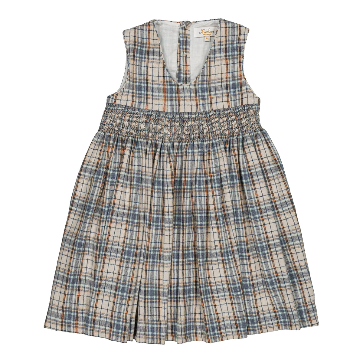 Carmelle, smocked pinafore girl dress, in Blue-grey tartan