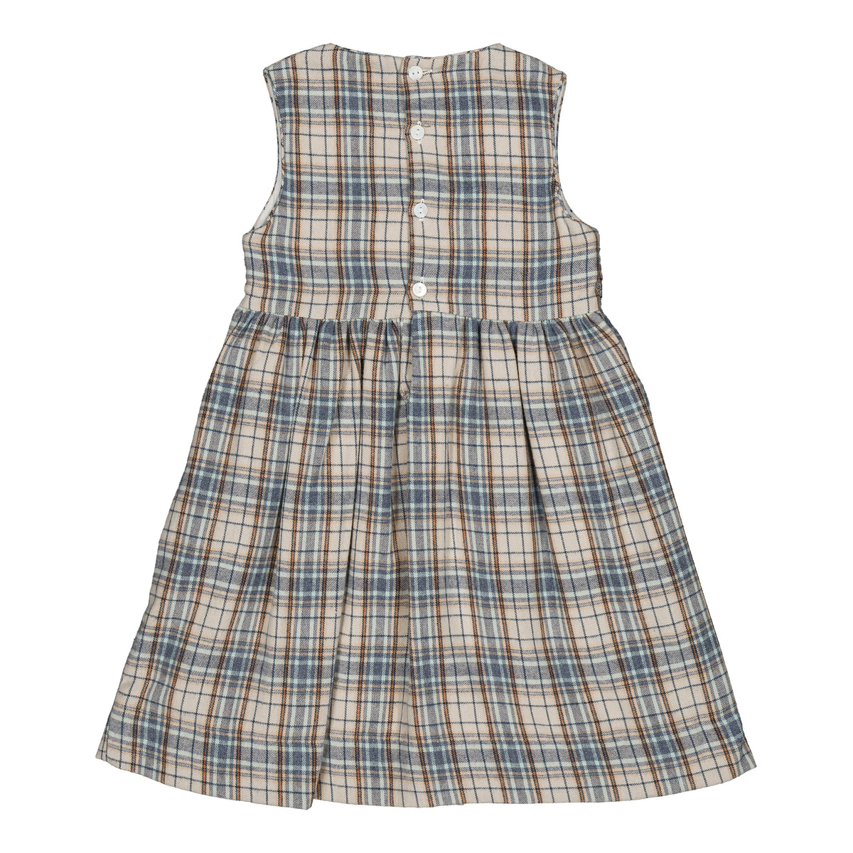 Carmelle, smocked pinafore girl dress, in Blue-grey tartan