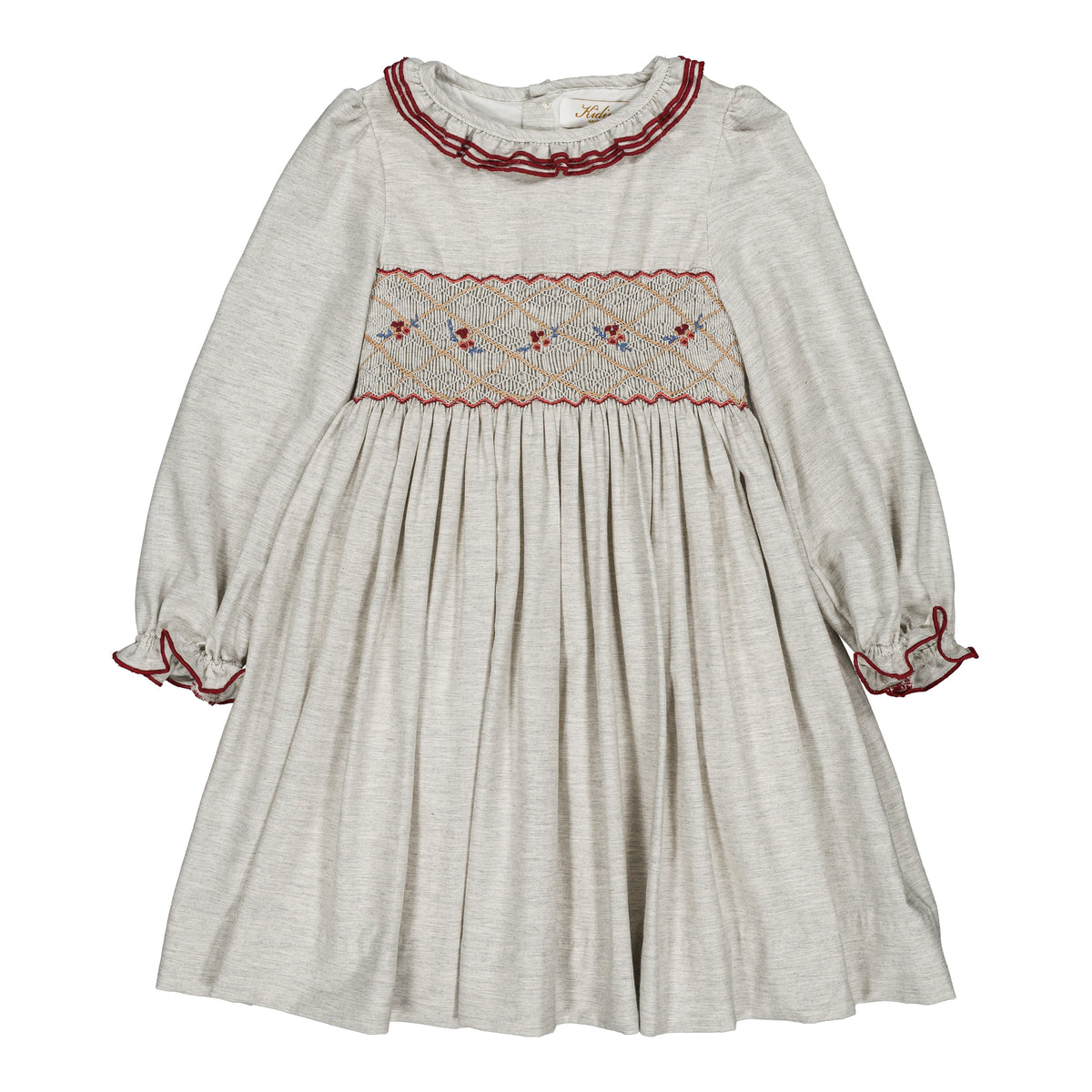 Hars ML, smocked girl dress, in Grey melange organic cotton twill