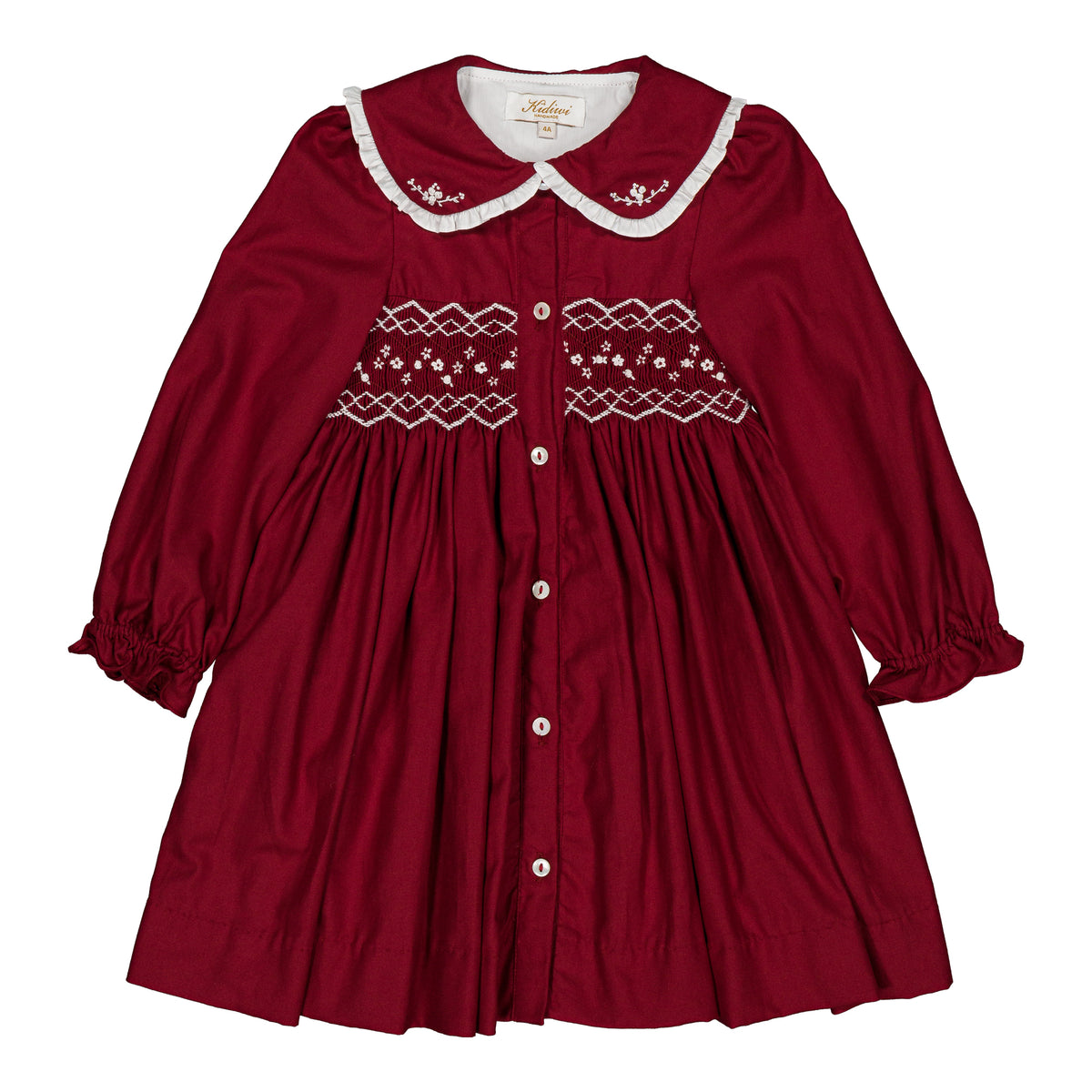 Philippine, smocked girl dress, in Burgundy organic cotton twill