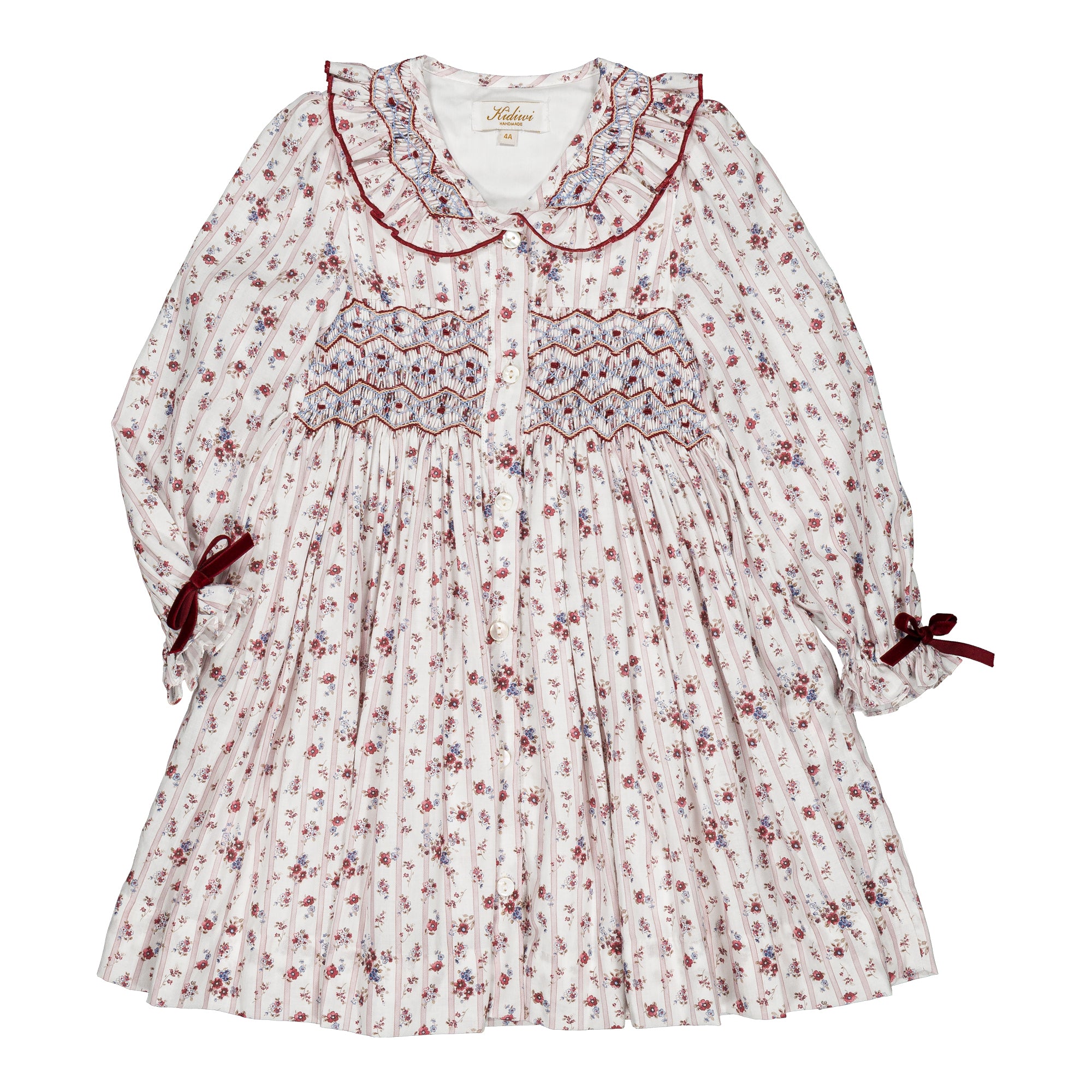 Adeline, smocked girl dress, in Burgundy red floral print with stripes