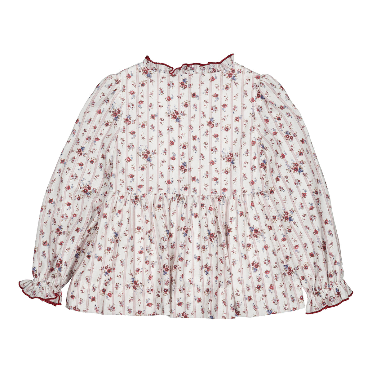Dolores, smocked girl blouse, in Burgundy red floral print with stripes