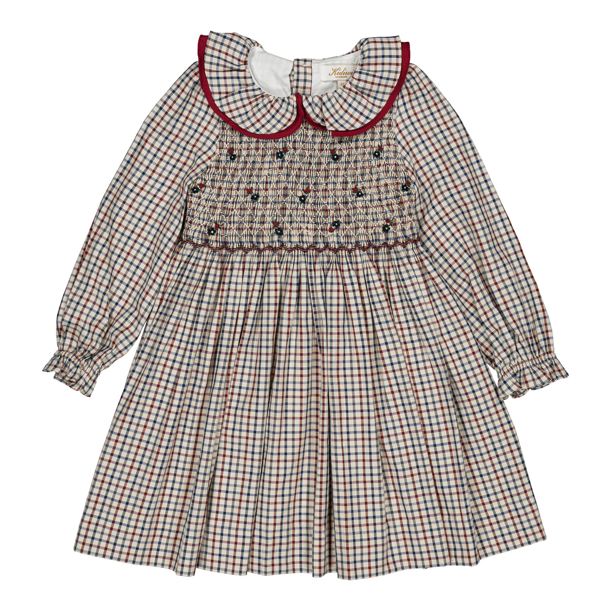 Joséphine, smocked girl dress, in Off-white, navy blue and burgundy red checks