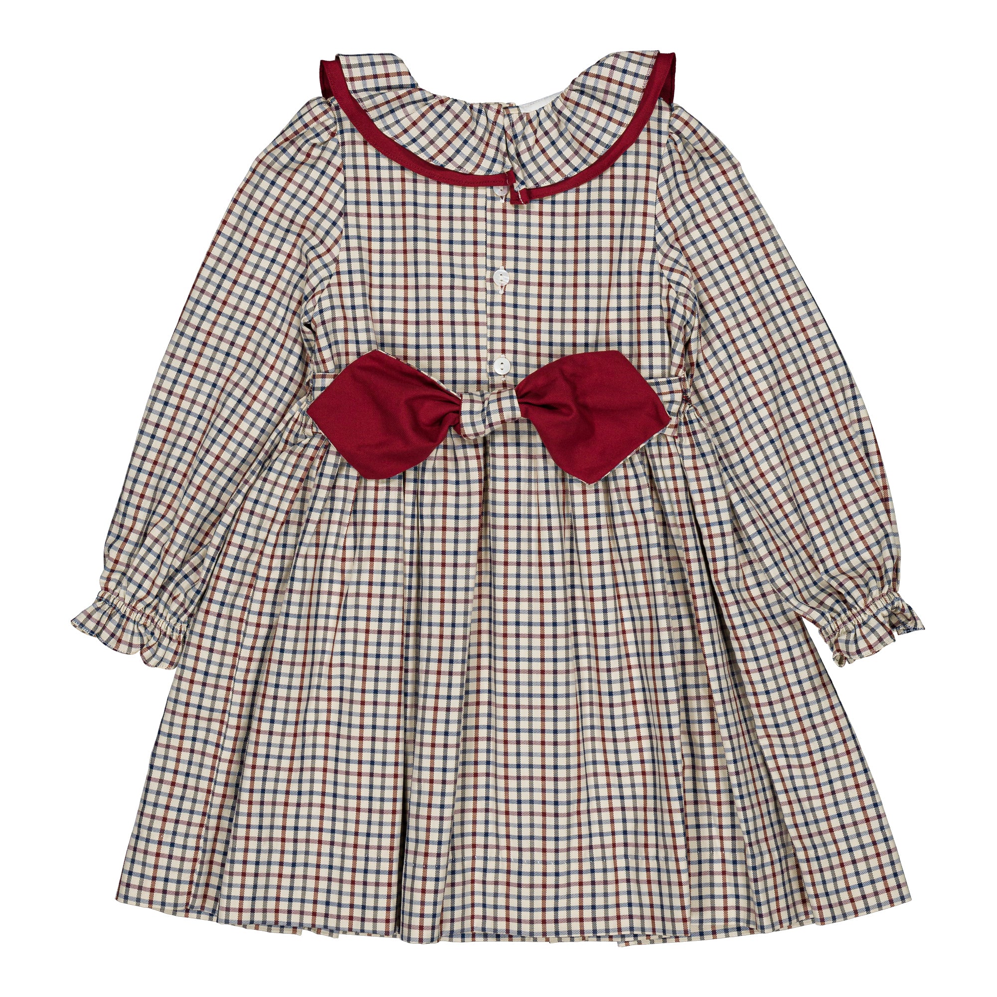 Joséphine, smocked girl dress, in Off-white, navy blue and burgundy red checks
