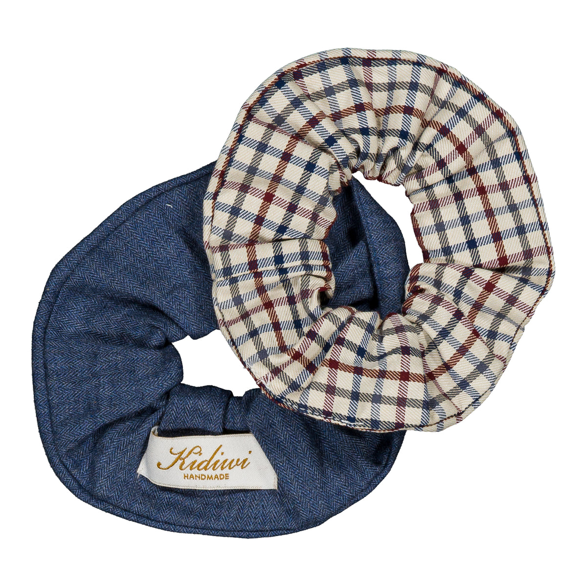 Tic & Tac, set of 2 scrunchies, in Off-white, navy blue and burgundy red checks & Blue denim light herringbone