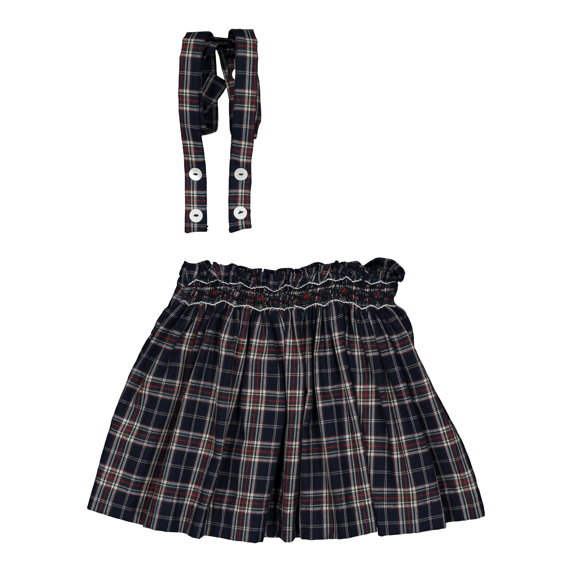 Louise, smocked skirt, in navy blue and red burgundy tartan