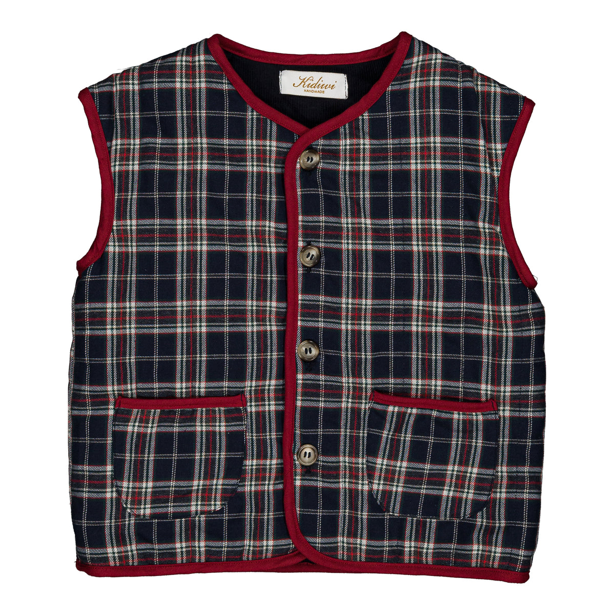 Béranger, reversible sleeveless jacket, in navy blue and red burgundy tartan & Navy corduroy