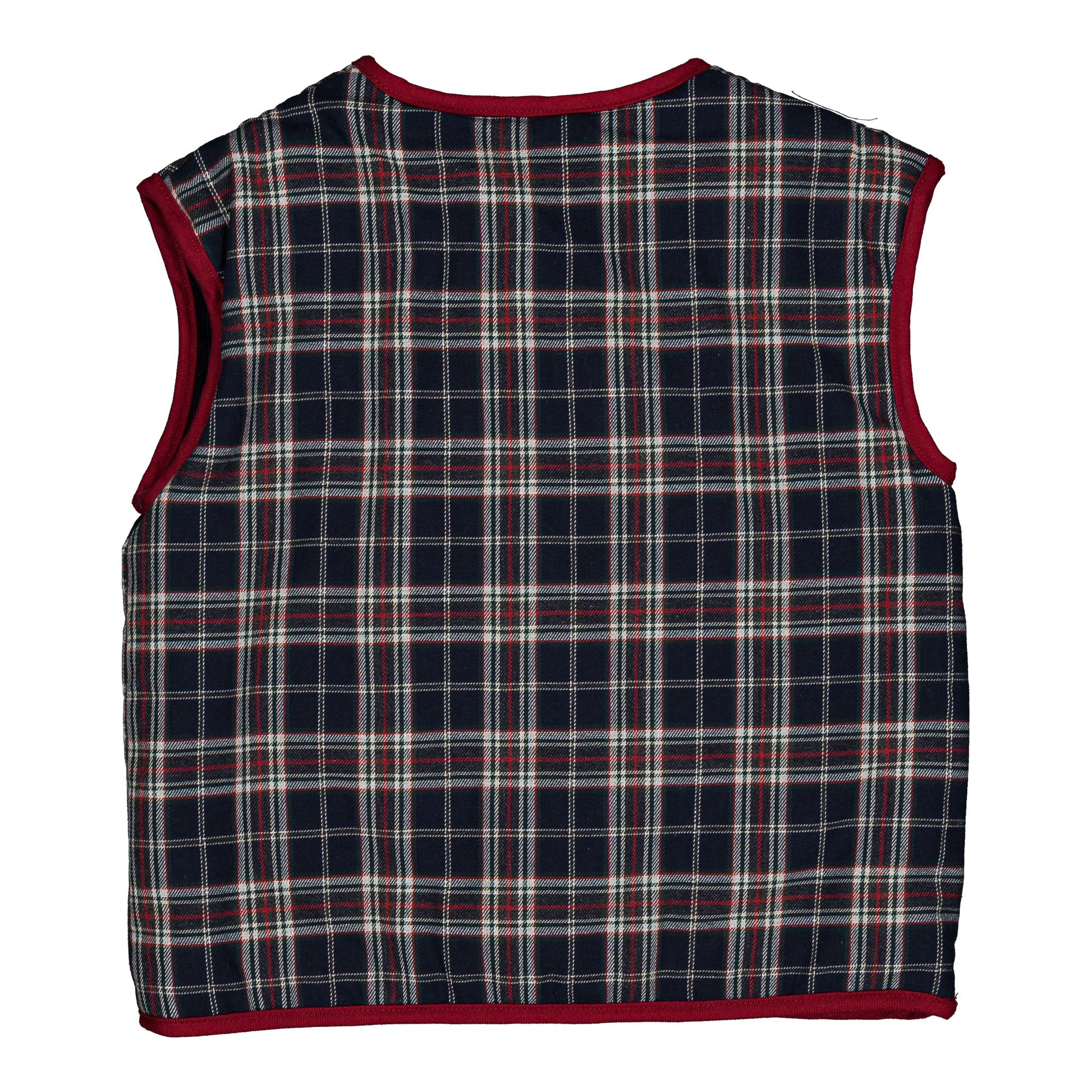 Béranger, reversible sleeveless jacket, in navy blue and red burgundy tartan & Navy corduroy