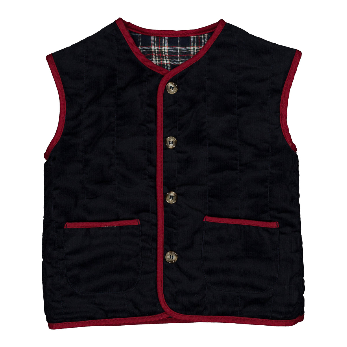 Béranger, reversible sleeveless jacket, in navy blue and red burgundy tartan & Navy corduroy