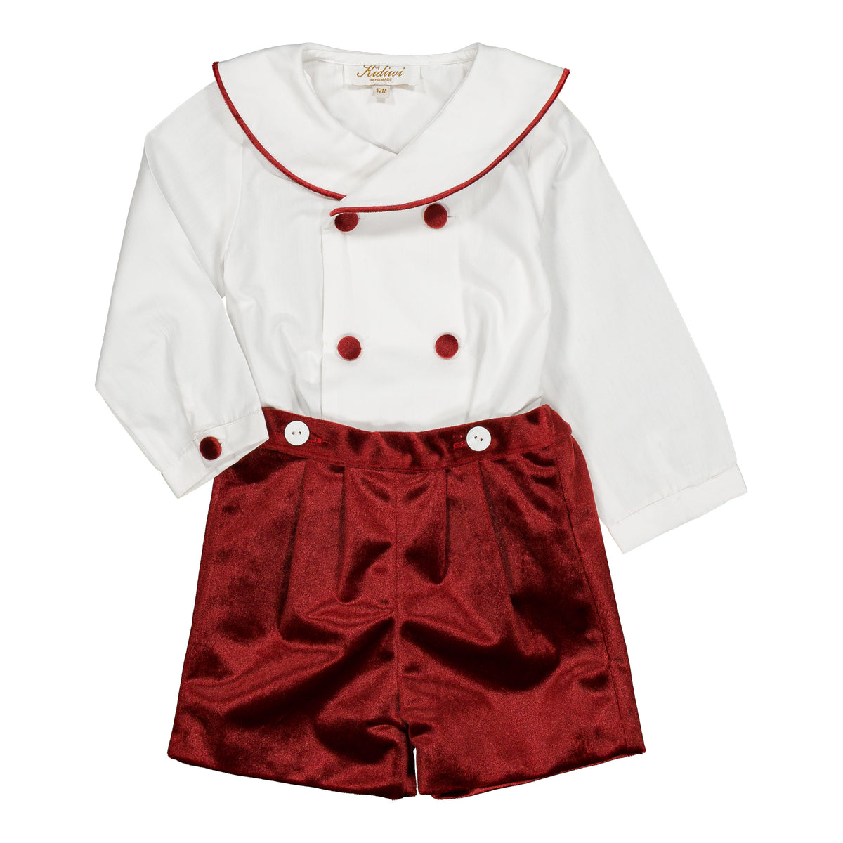 Bartholomé, boy set, in White poplin & Burgundy velvet