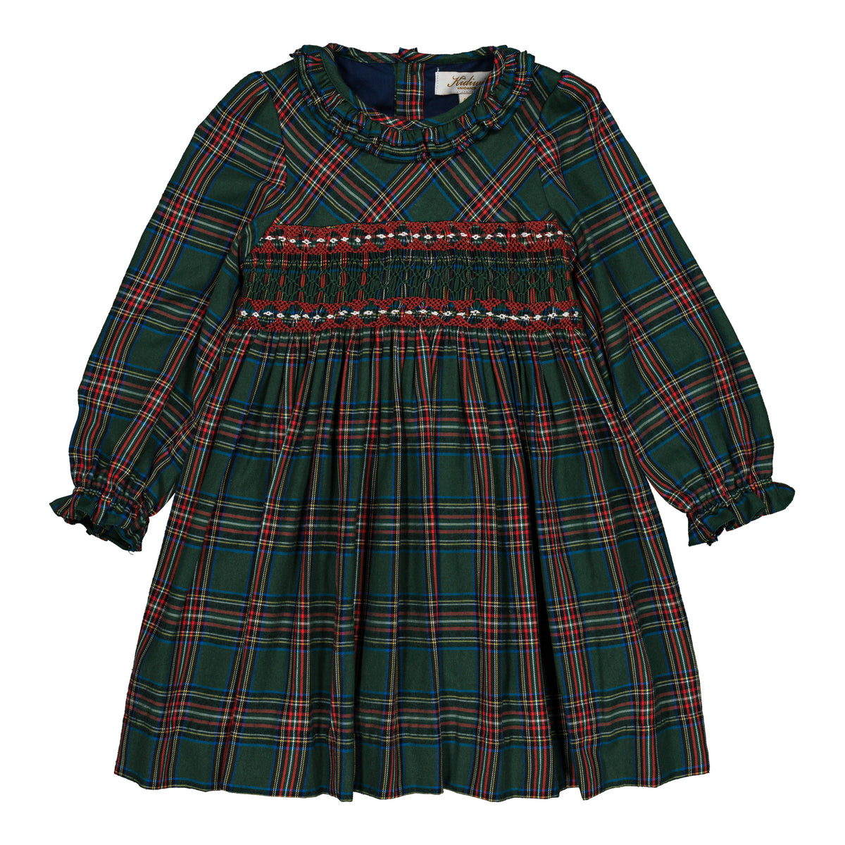 Hars ML, smocked girl dress, in Emerald green tartan
