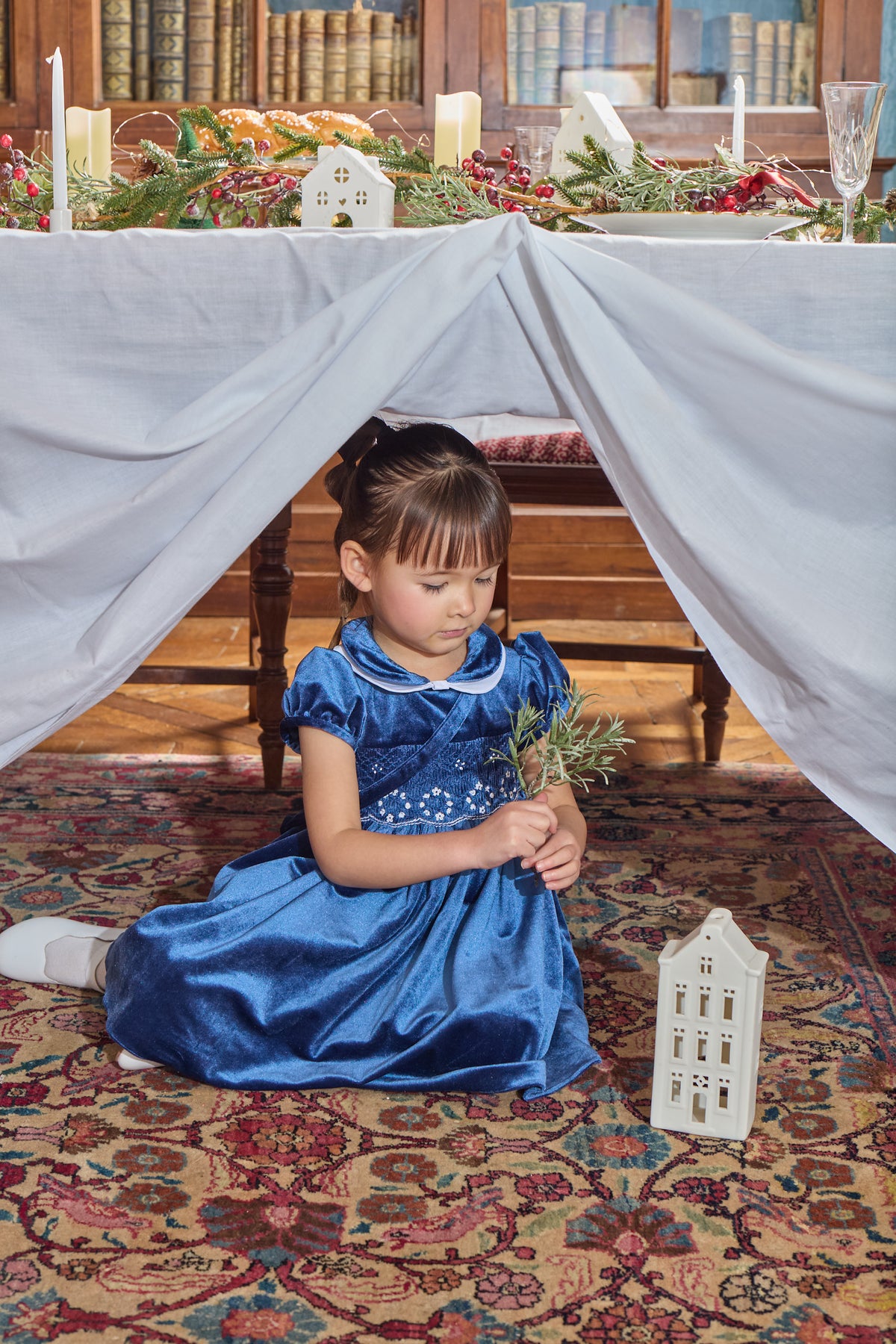 Mathilde girl's smocked navy blue velvet dress