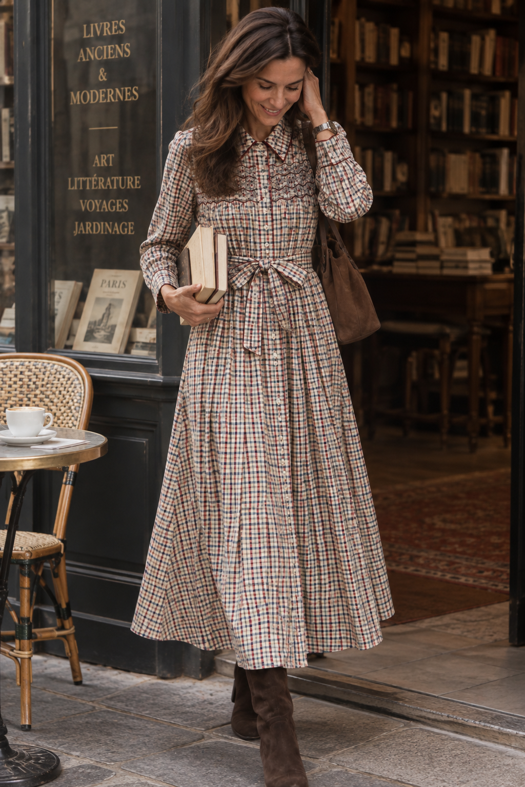 Donna, smocked women dress, in Off-white, navy blue and burgundy red checks