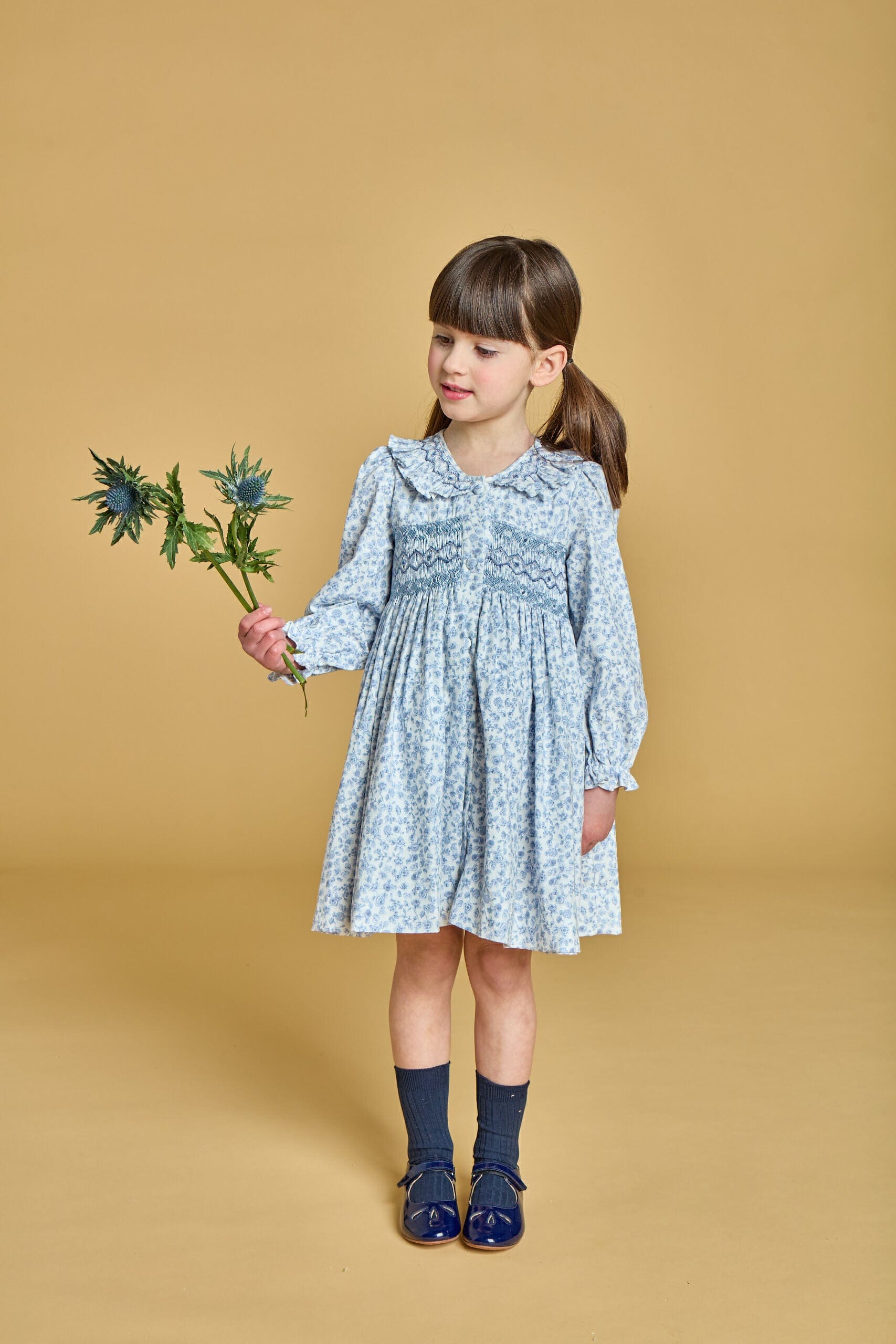 Adeline, robe smockée imprimé Blue garden