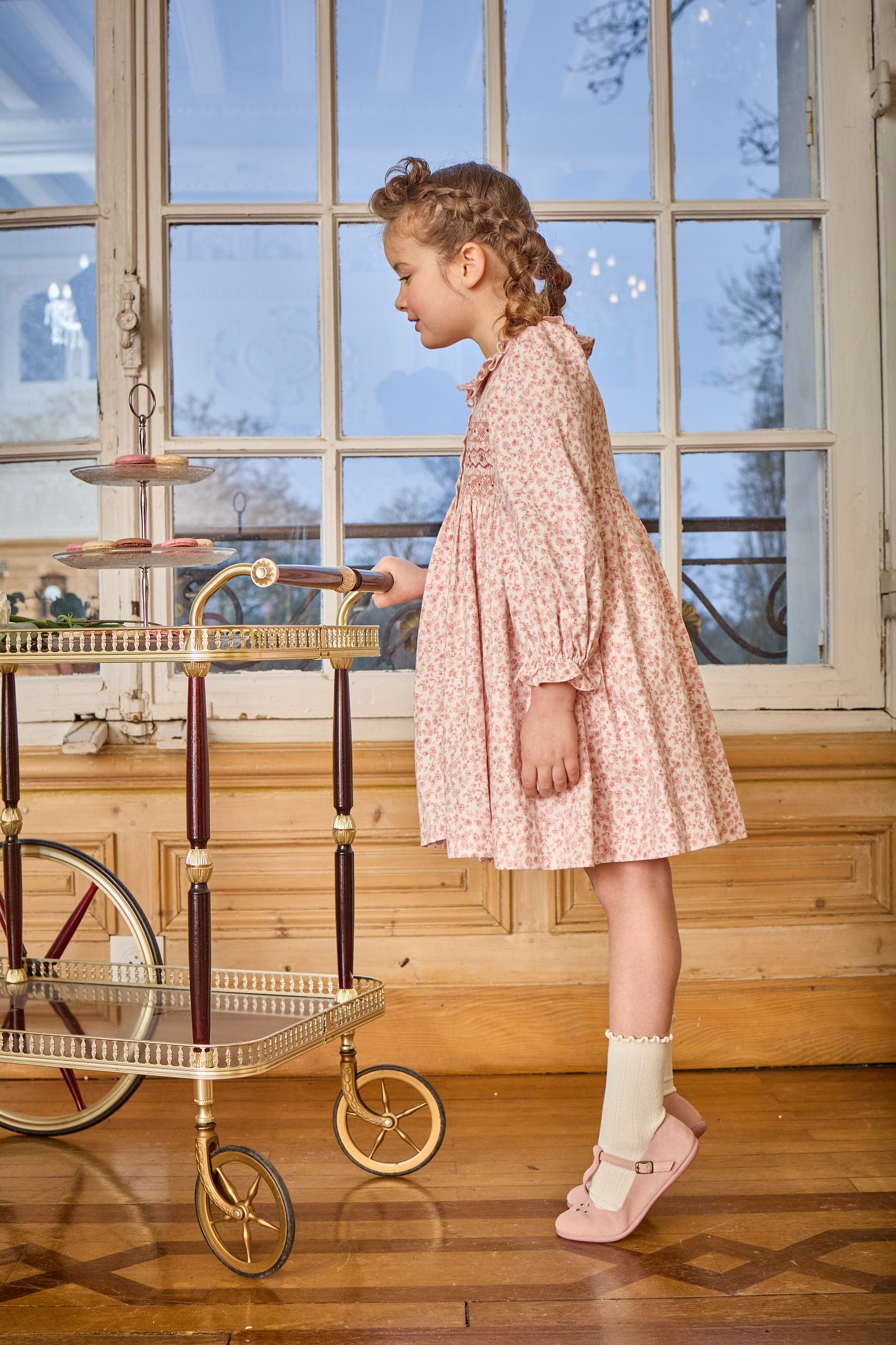 Adeline, robe smockée, imprimé vieux rose