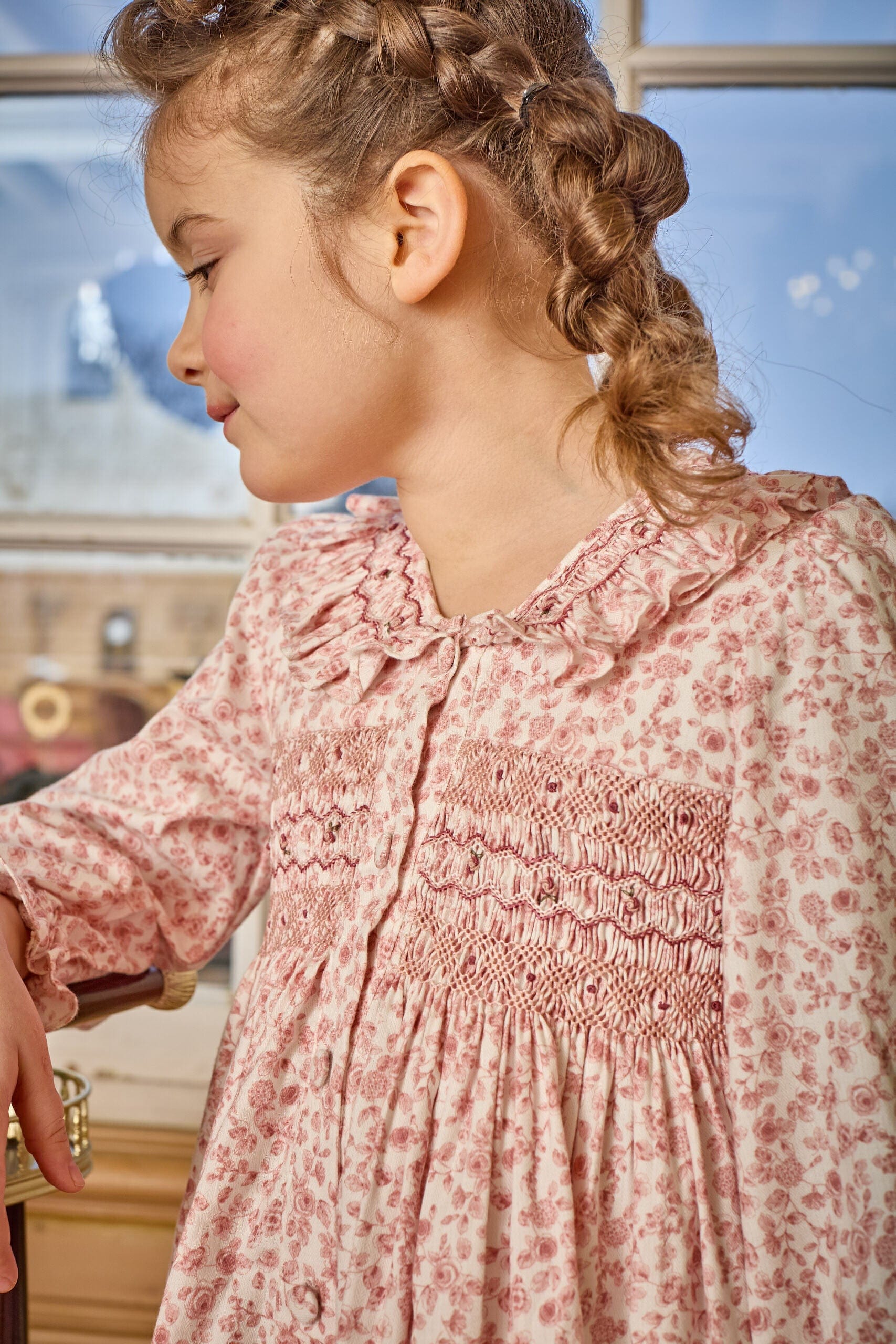 Adeline, robe smockée, imprimé vieux rose