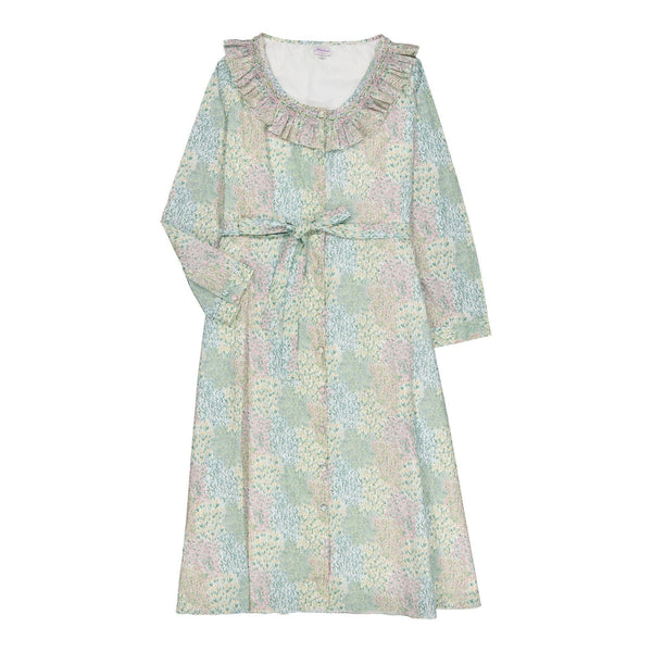 Adeline, woman midi dress with smocked ruffled collar, in Flowery meadow Print