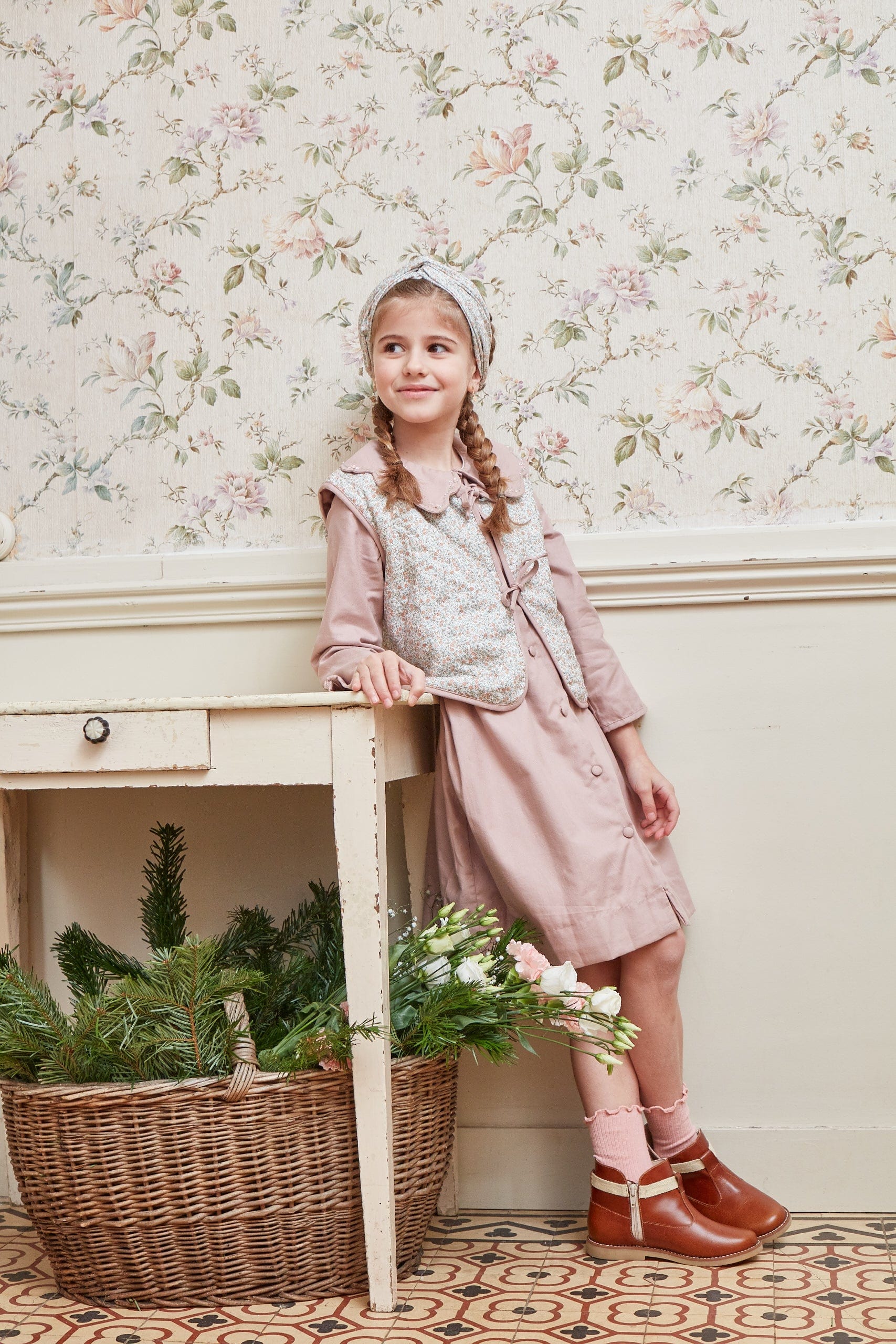 Aloïs, veste matelassée en sable rose et imprimé rose vif et thé
