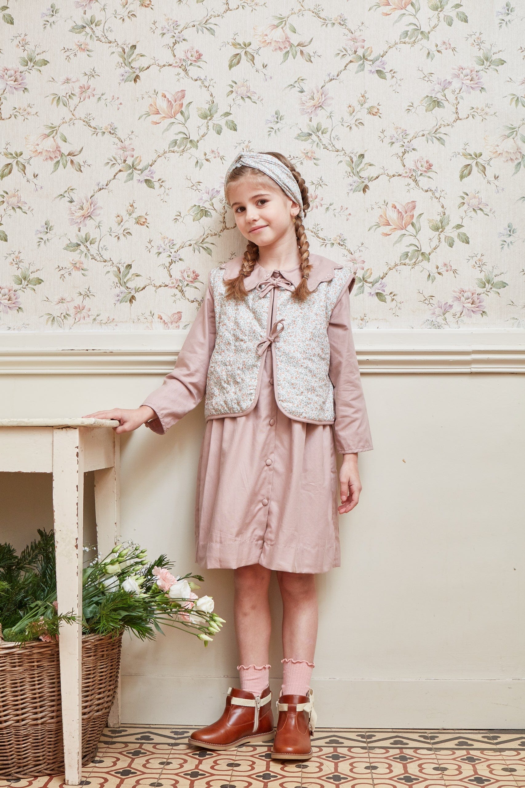 Aloïs, veste matelassée en sable rose et imprimé rose vif et thé